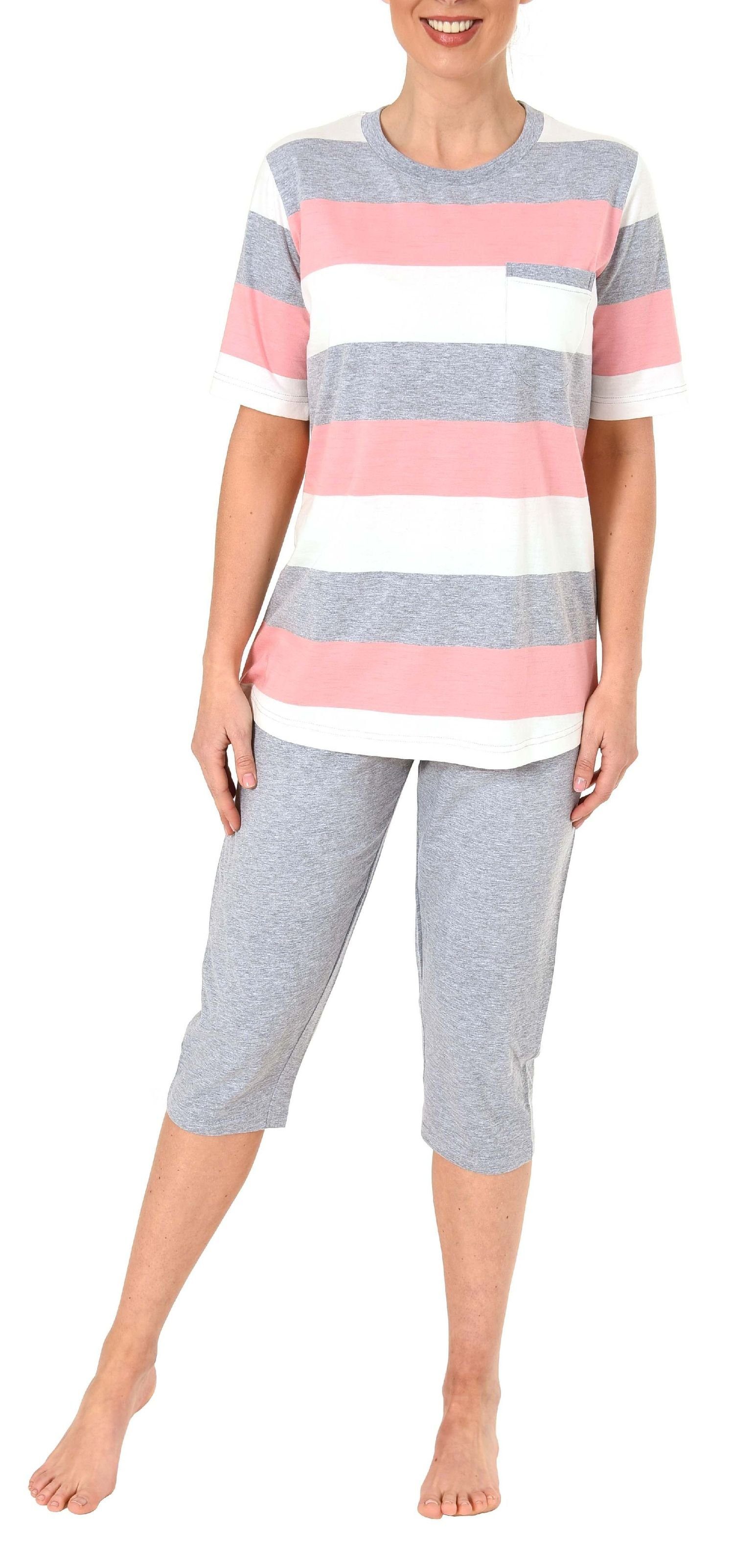 Pyjama Capri rosa kurzarm Blockstreifen Damen mit Hose in Optik Normann Pyjama