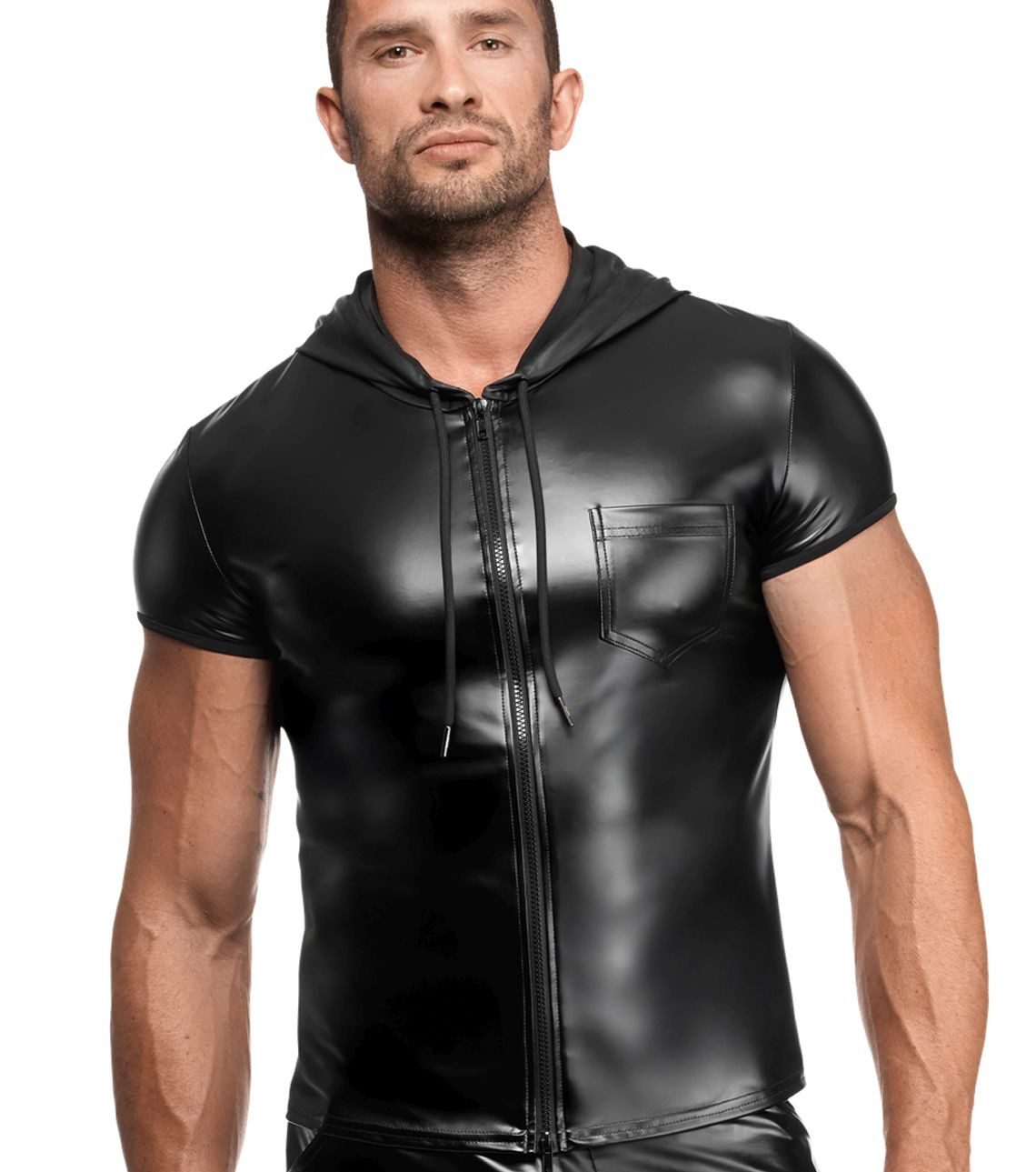 T-Shirt Glänzendes Herren Hemd T-Shirt schwarz aus Wetlook Material mit Reißve