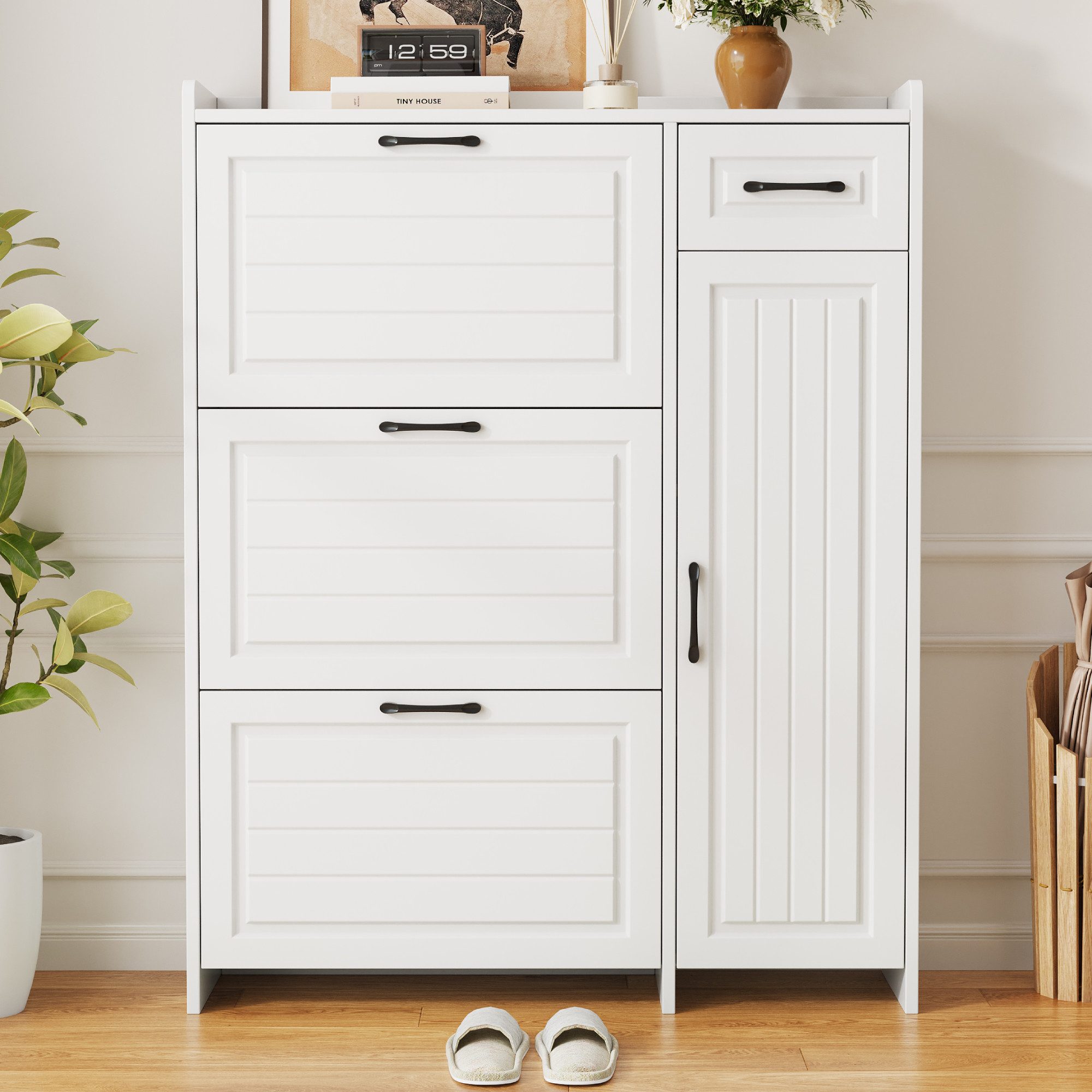KLAM HOME Schuhschrank Moderner weißer Schuhschrank B92×T24×H121 cm mit verstellbaren Böden (Schuhschrank mit Schublade, 3 Klappfächern und Tür für Eingangsbereich) Stabiler Aufbewahrungsschrank aus MDF‑Spanplatte mit Metallgriffen