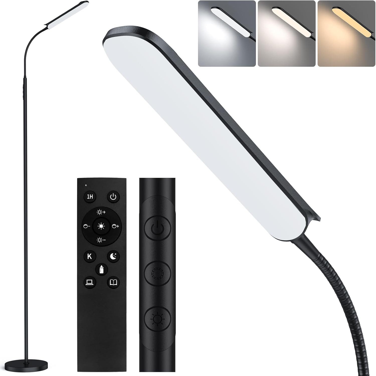 Lujasi LED Stehlampe 18W Dimmbar Stehleuchte 2000LM mit Fernbedienung, lineare Leuchtdichte, Unendliche Farbtemperatur, Leselampe, Stehlampe Wohnzimmer, Kaltweiß/natürliches Licht/Warmweiß, 360° Flexibler Schwanenhals, 1 Hour Timer, floor lamp für Schlafzimmer