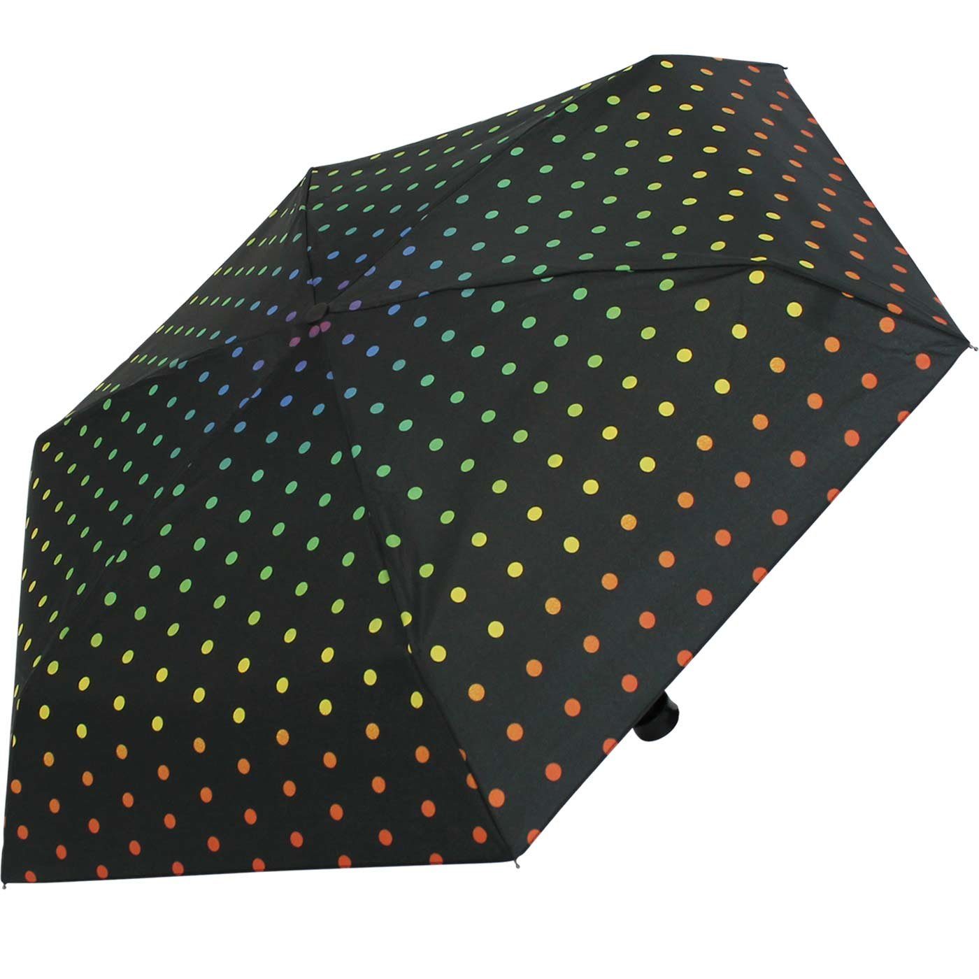 HAPPY RAIN Taschenregenschirm winziger Regenschirm mit Handöffner für Damen, mit Regenbogen-farbenen Punkten auf Schwarz – Bild 2 von 4