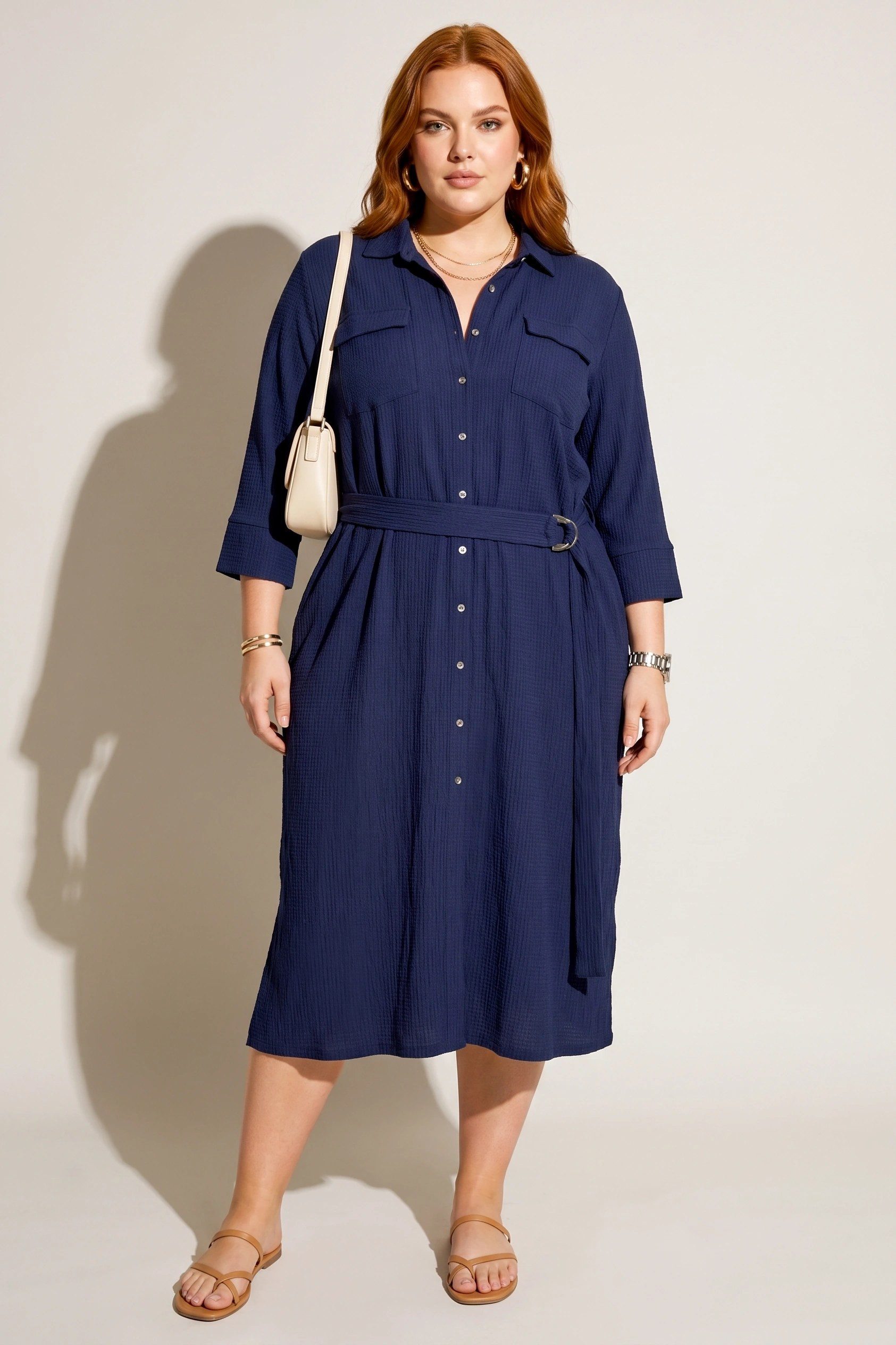 Midikleid Hemdkragen Midi Kleid mit Gürtel und Taschen