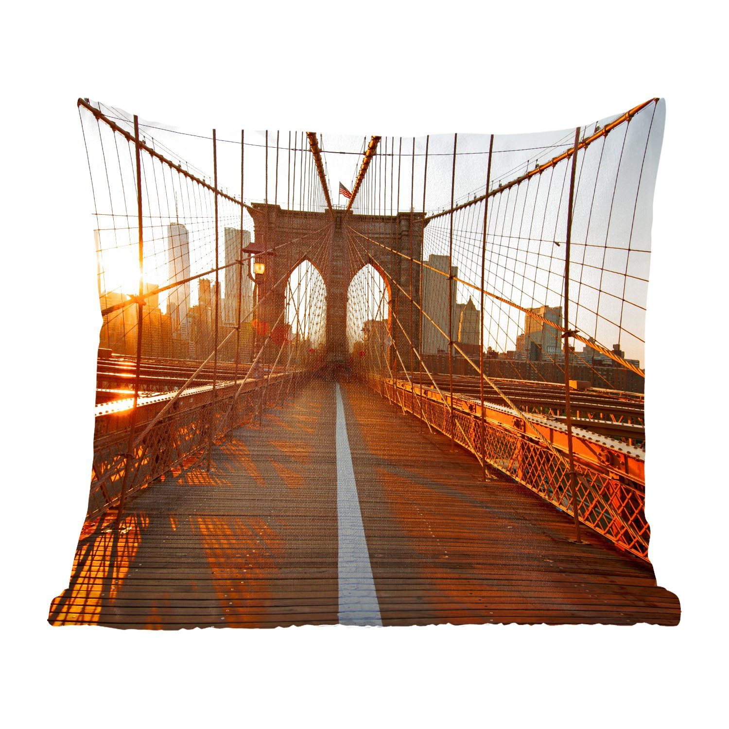MuchoWow Dekokissen Brooklyn Bridge in New York bei Sonnenuntergang, Zierkissen mit Füllung für Wohzimmer, Schlafzimmer, Deko, Sofakissen