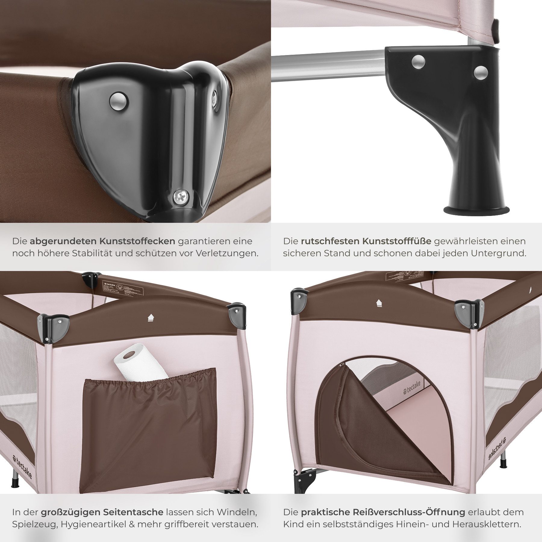 tectake Baby-Reisebett Kinderbett 126x65x80cm mit Transporttasche, mit großen Mesh-Einsätzen und Seiteneingang in Kaffee Farbe – Bild 5 von 5