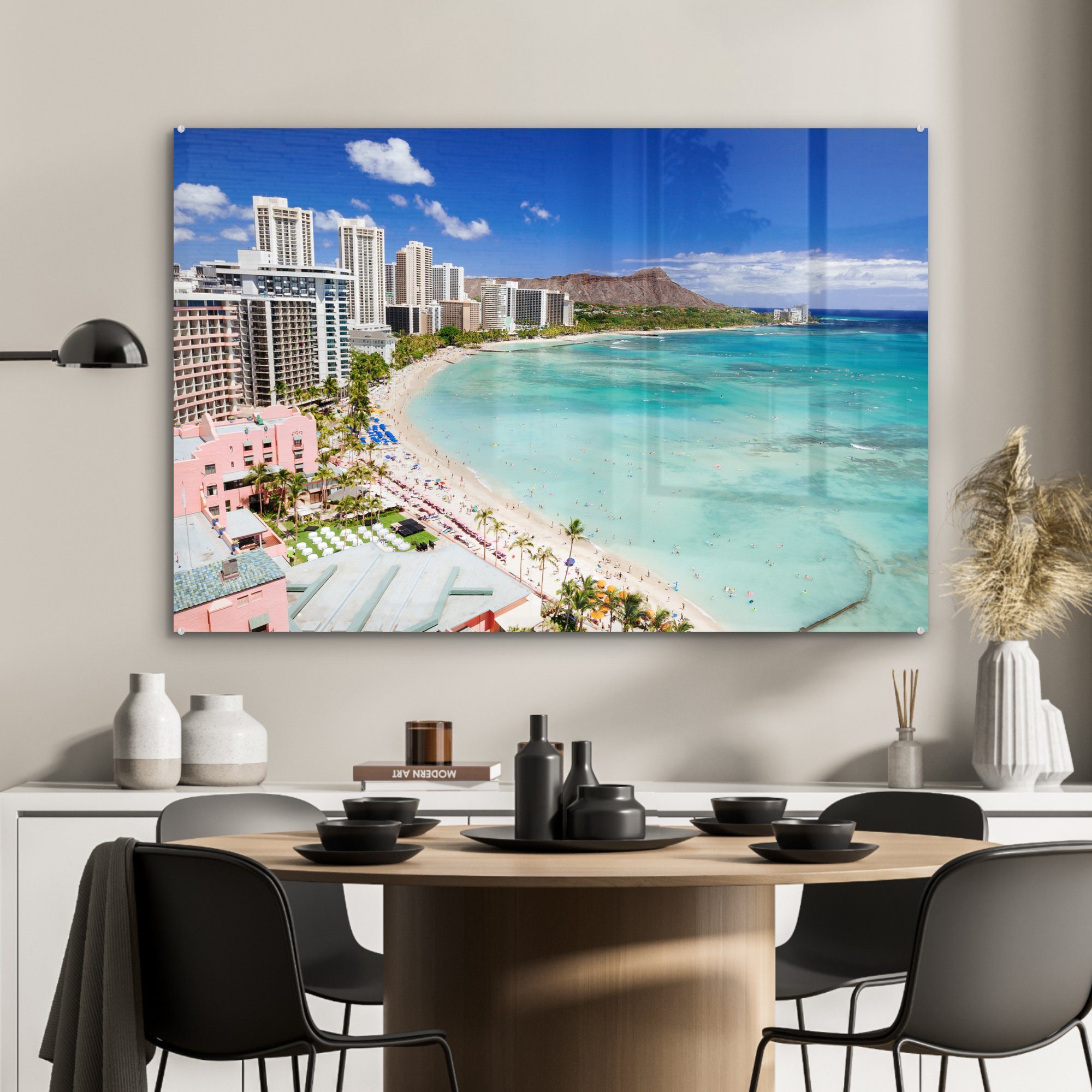 MuchoWow Acrylglasbild Waikiki Beach und Head auf der St), Krater Acrylglasbilder & Hawaii, Wohnzimmer Diamond (1 Schlafzimmer