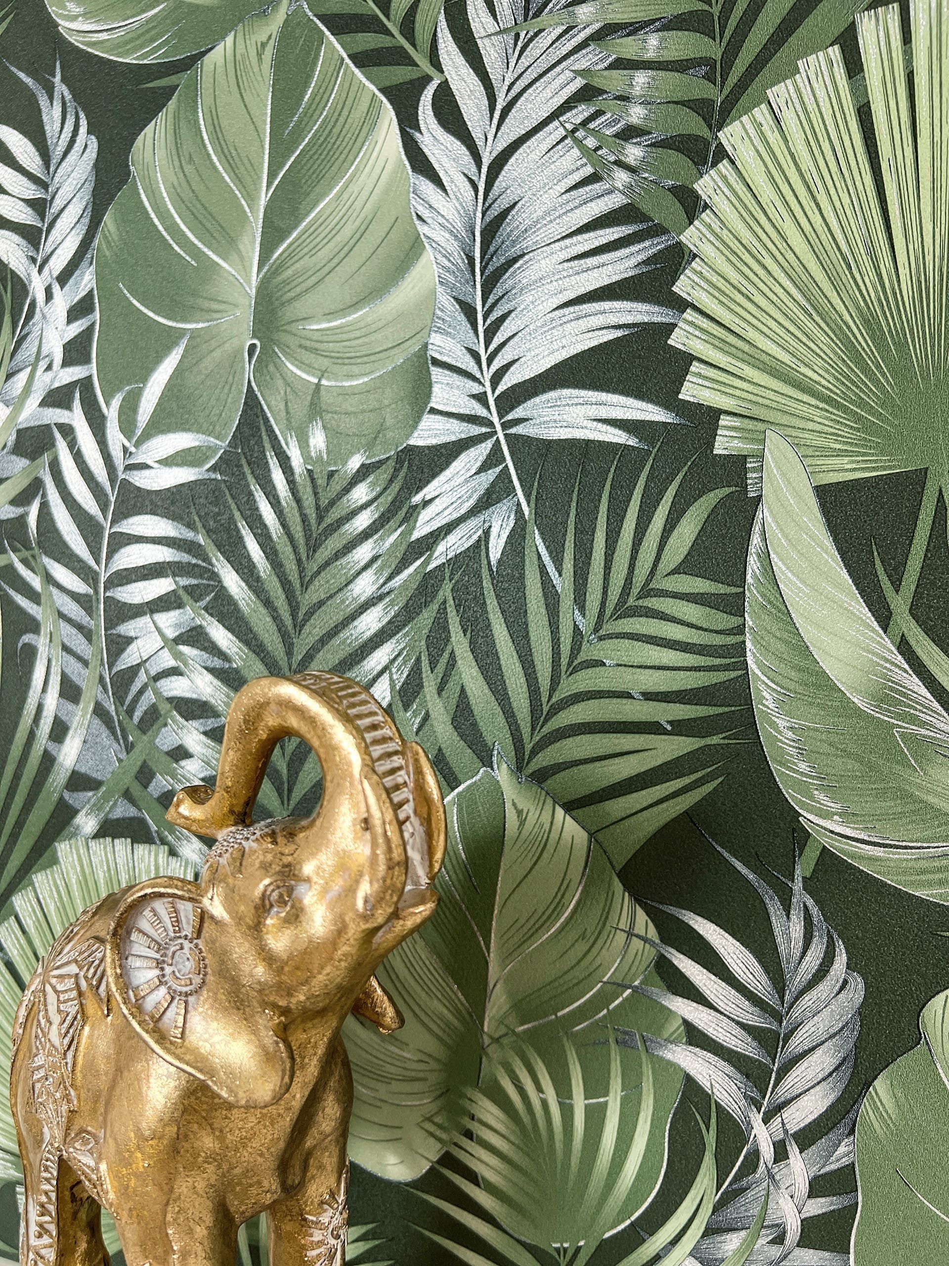 Newroom Vliestapete, Grün Tapete Modern Dschungel - Dschungeltapete Palmen Silber Metallic Tropisch Floral Blätter Palmenblätter für Wohnzimmer Schlafzimmer Küche