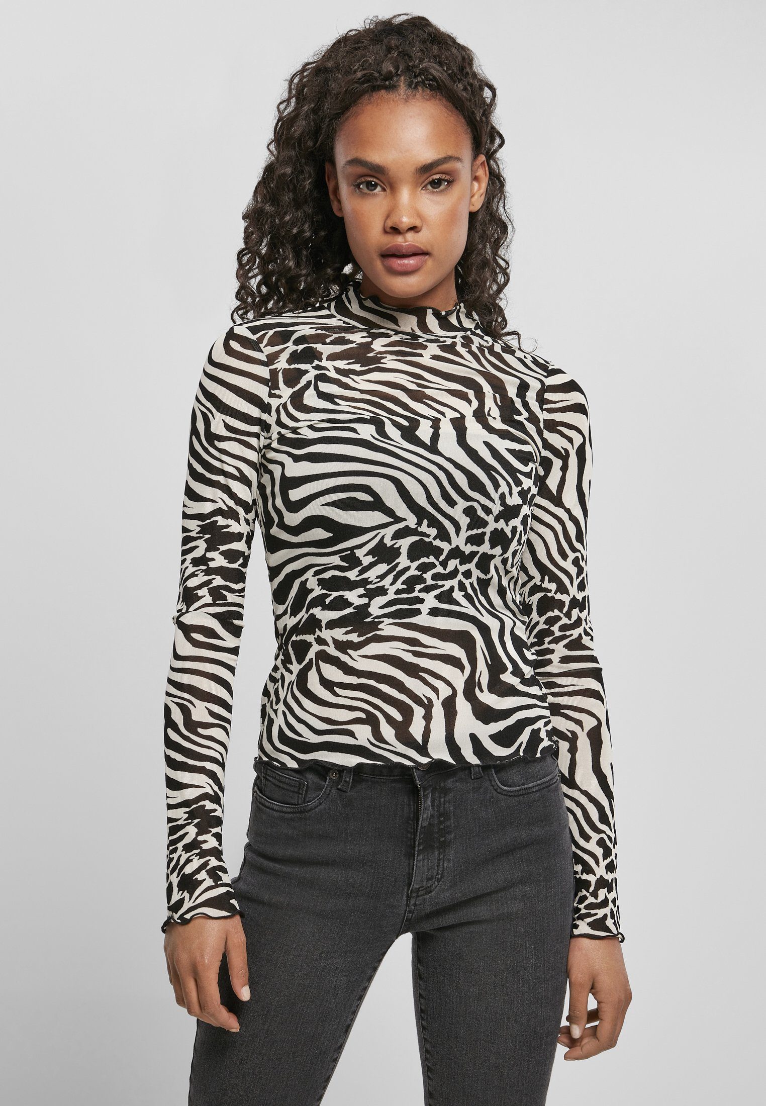 white/black Ladies URBAN (1-tlg) Longsleeve AOP Mesh Damen Turtleneck Langarmshirt CLASSICS