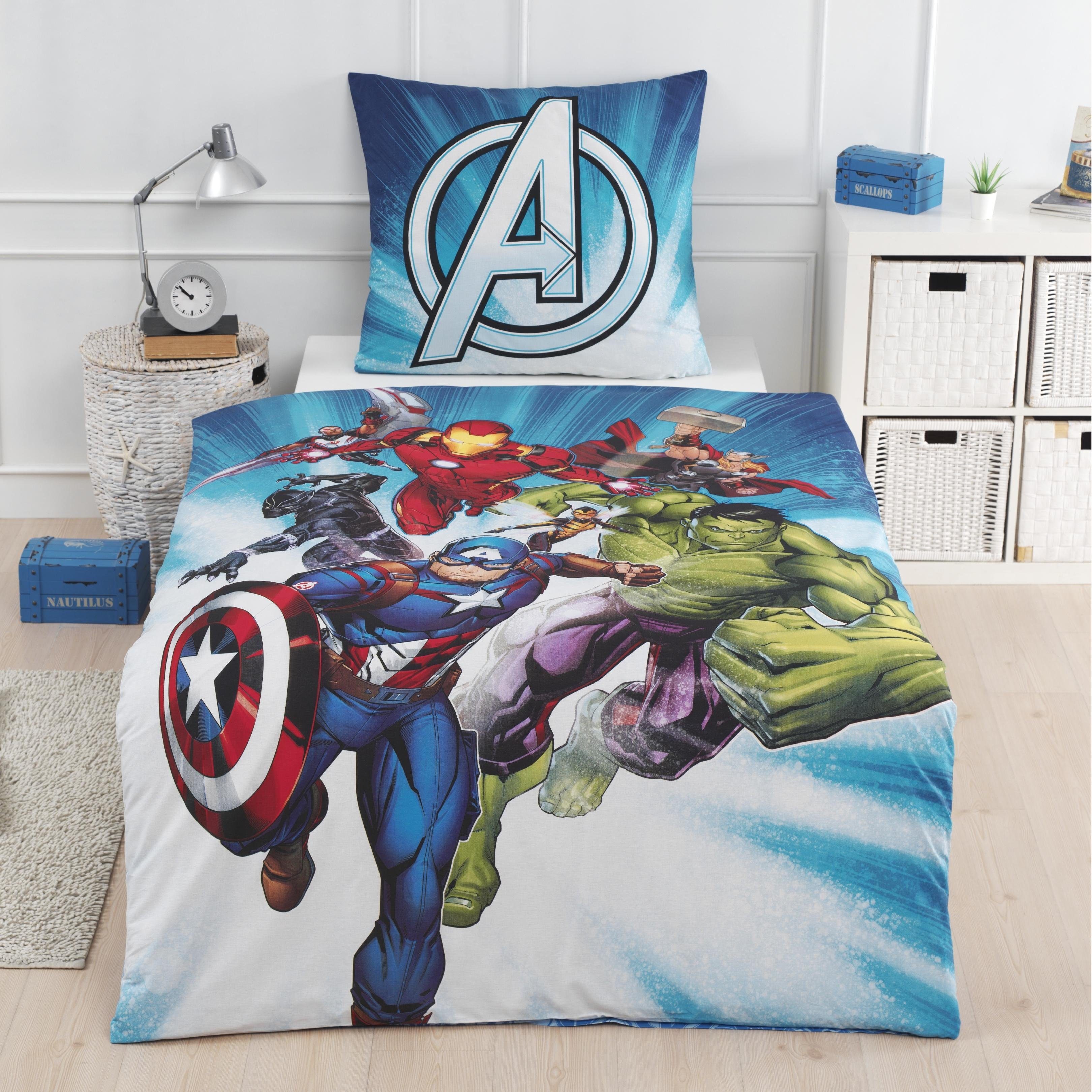 MTOnlinehandel Bettwäsche Avengers Marvel 135x200 + 80x80 cm, 100 % Baumwolle, Flanell/Biber, 2 teilig, Jungen Kinderbettwäsche mit Captain America, Iron Man, H – Bild 3 von 4