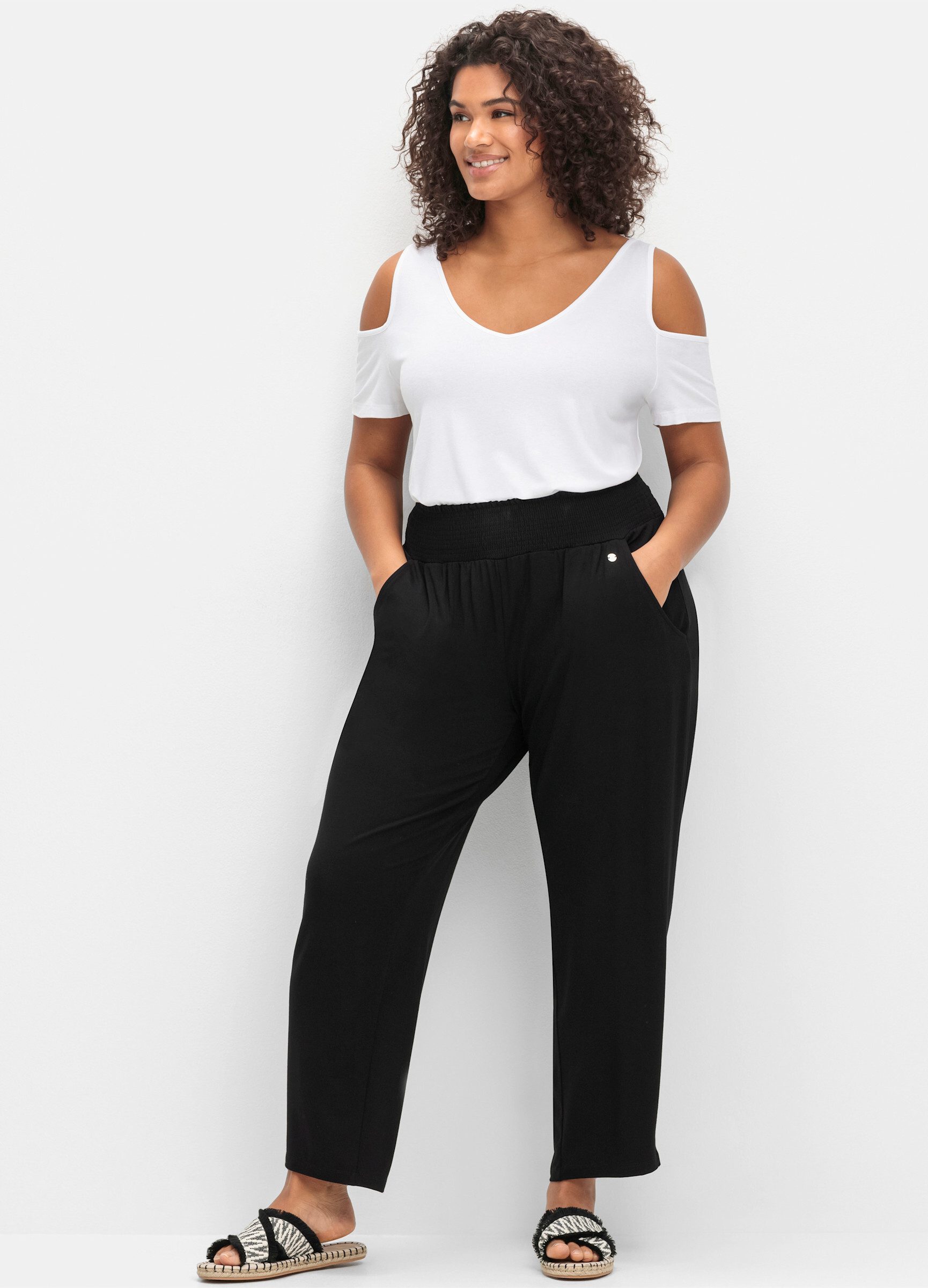 Sheego Jerseyhose Schlupfhose . mit breitem Smokbund und Blumendruck günstig online kaufen