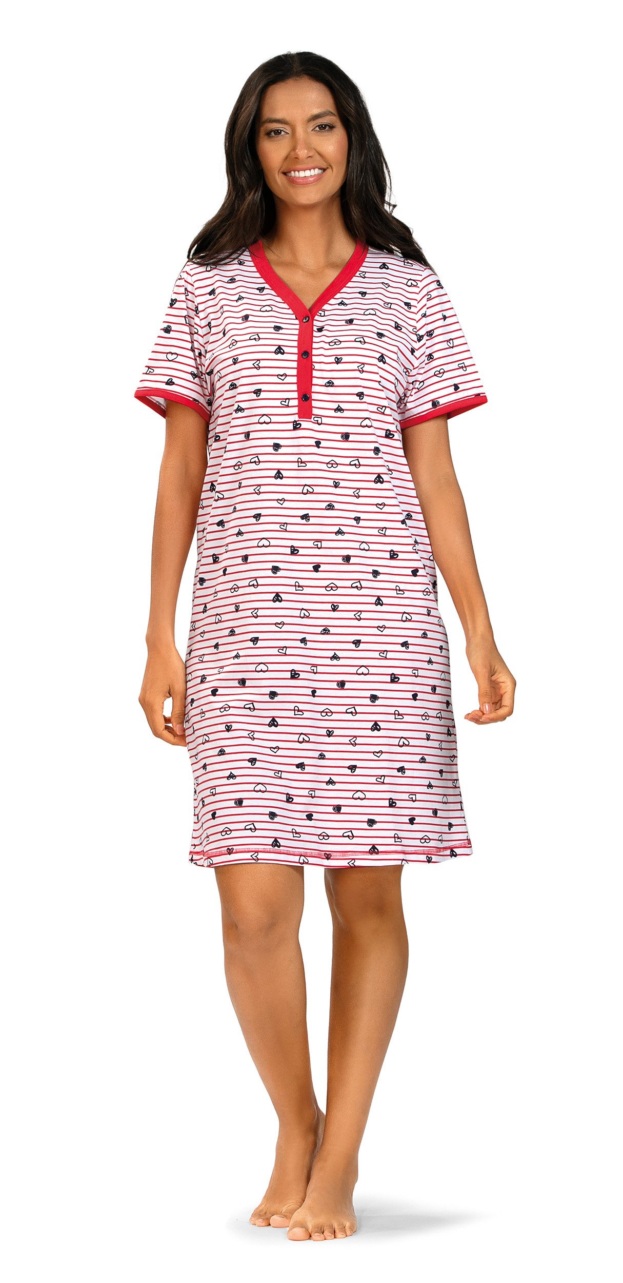 comtessa Nachthemd Comtessa Damen Nachtemd Kurzarm Rot Herzen (1-tlg) Nachthemd mit Streifen und Herzen