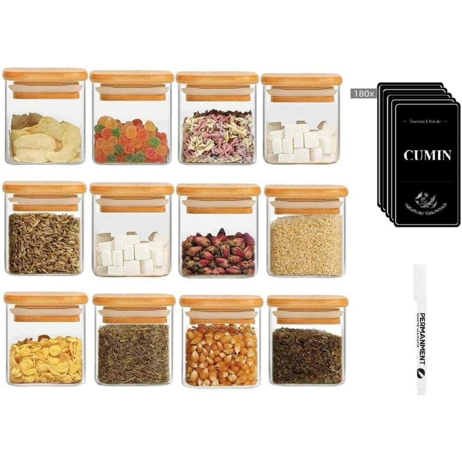 LuxusKollektion Gewürzbehälter Glas Gewürzgläser Set 12er Organizer Bambusdeckel Etiketten, Glas