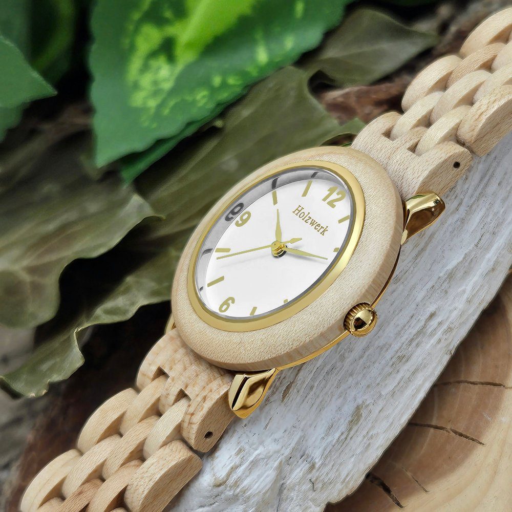 Edelstahl Holz Holzwerk FREITAL Uhr, & gold Armband beige, weiß kleine & Quarzuhr Damen