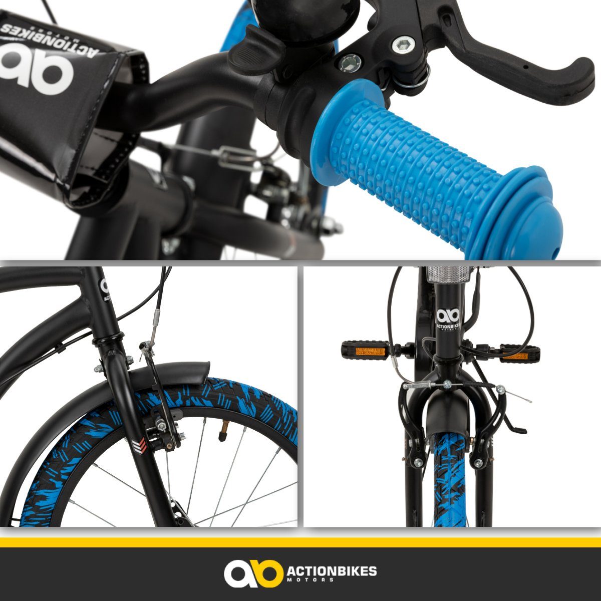 Actionbikes Motors Kids' Bike Cruiser 18 inch - from 5 years, 1 speed, no gears, (trapezoidal frame, V-brakes, max. load 35 kg, black/blue, 1-piece, bell, chain guard, reflectors, cat's eyes, kickstand), height-adjustable bike for boys and girls, children's bike from 110 cm