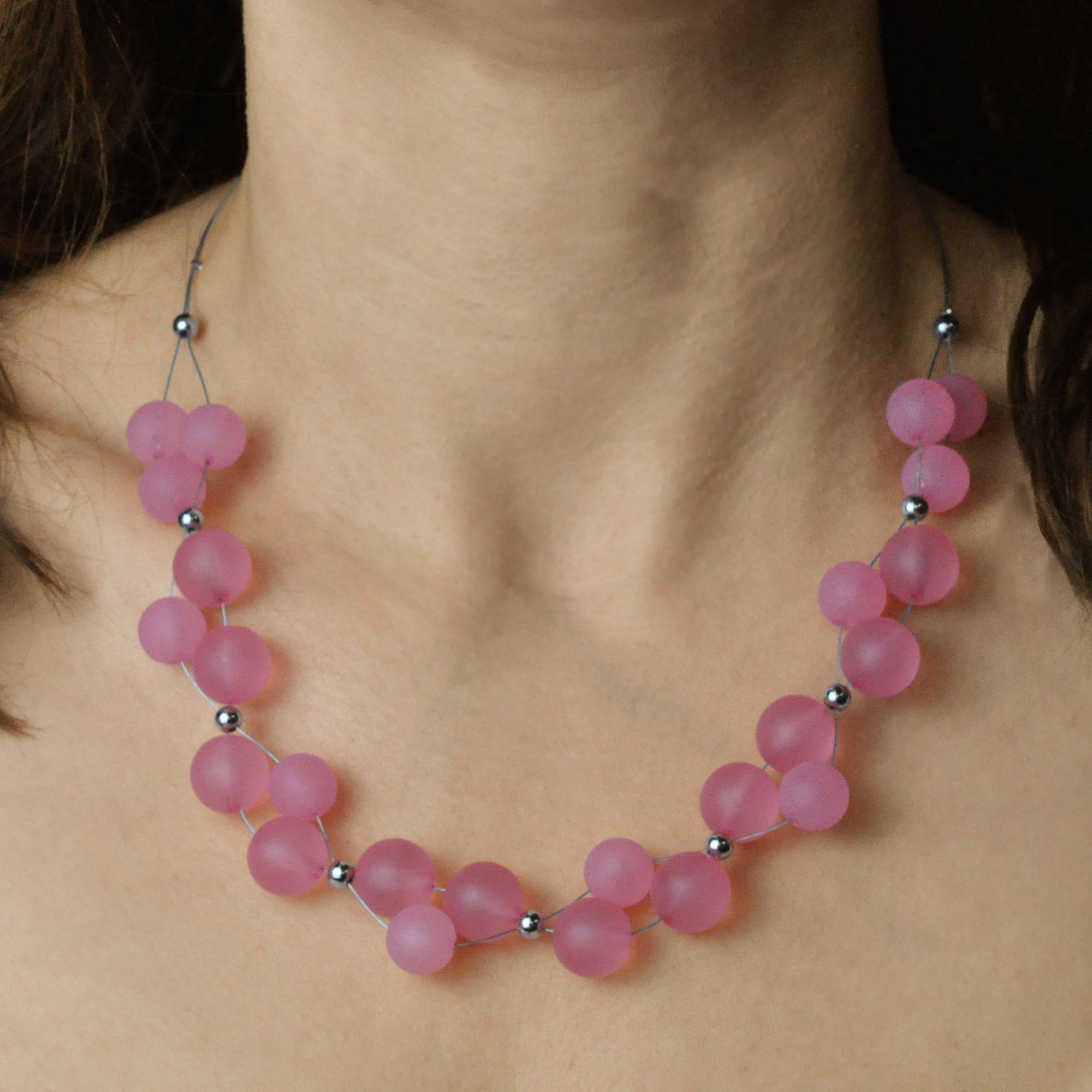 Steuer Collierkettchen Rhodiumfarbenes Drahtcollier mit pinkfarbenen Zierperlen