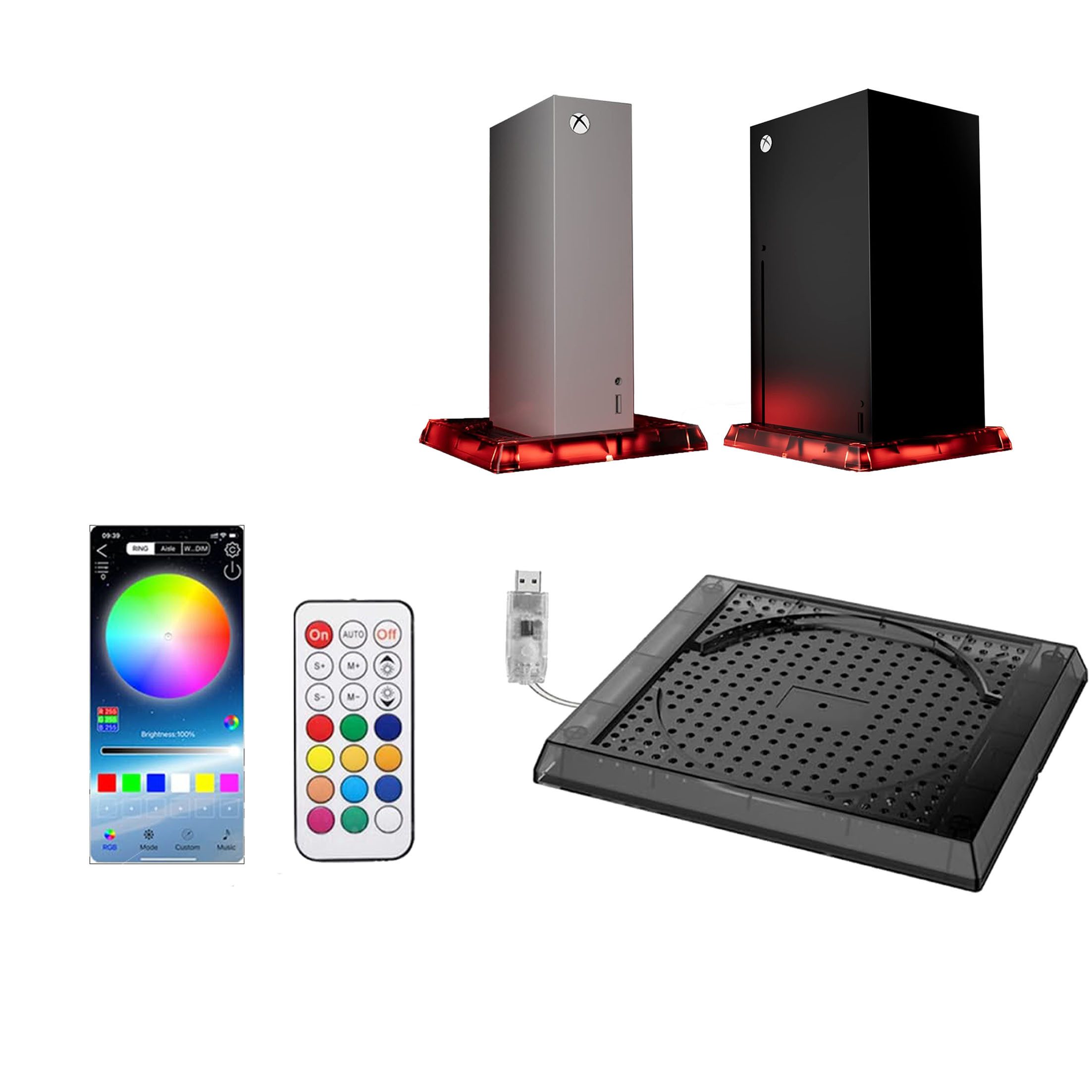 KINSI XBOX-Konsole Kühlung Dock,LED-Lichtleiste,RGB,für Xbox Serie X/S PlayStation 5-Controller (USB-Tastensteuerung/Fernbedienung/Steuerung über mobile App)