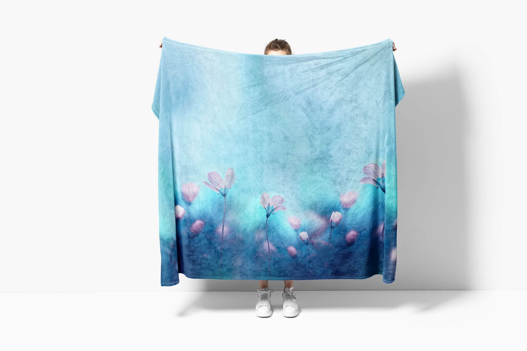 weiße (1-St), Art Handtuch Fotomotiv Saunatuch Sinus Handtücher Blumen Blau, Baumwolle-Polyester-Mix Handtuch mit Kuscheldecke Strandhandtuch