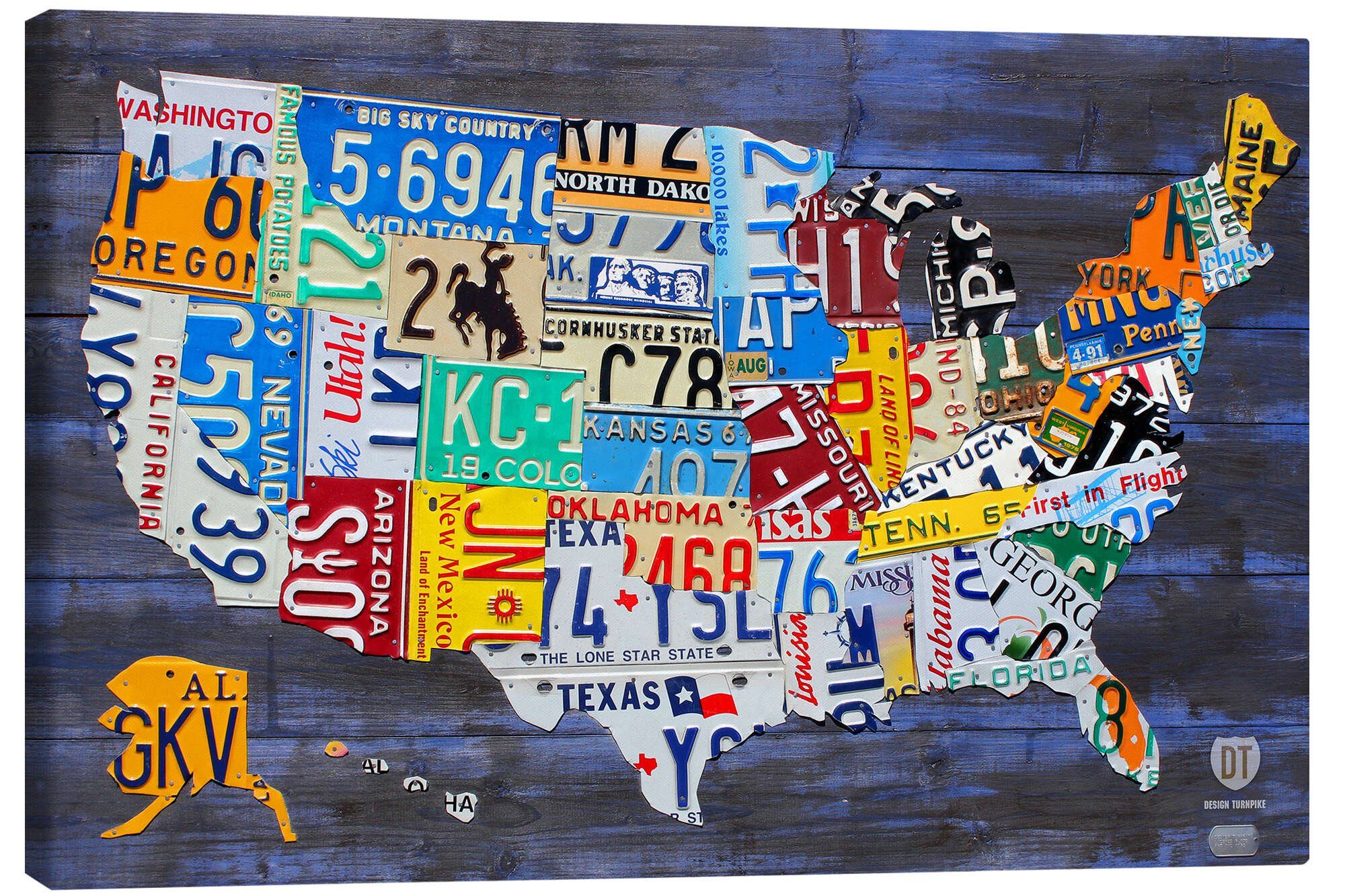 Posterlounge Wandbild Nummernschild Karte der USA, Design Turnpike, erhältlich als Poster, Leinwandbild, Wandsticker oder Acrylglasbild