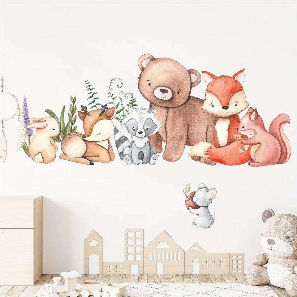 Montegoni Wandsticker Süße Tier Wandsticker – Bären, Fuchs, Hase & Maus, geeignet für Kinderzimmer, Babyzimmer oder Wohnzimmer Dekoration