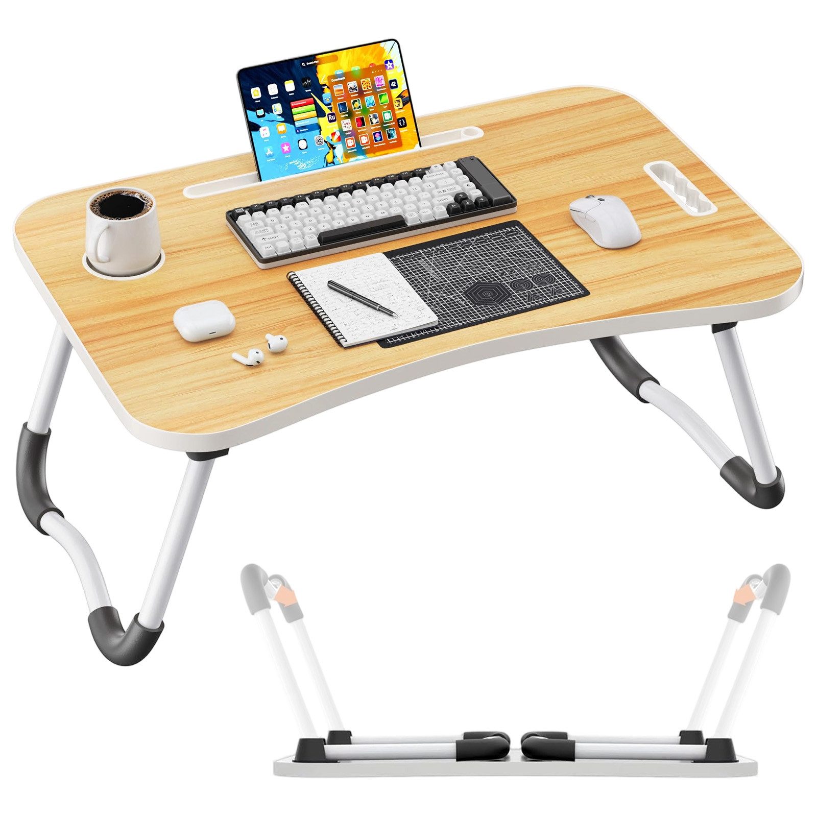 AKKEE Laptoptisch Betttablett Klappbar, Frühstückstablett mit Griff und Getränkehalter, Ideal für Lesen und Arbeiten