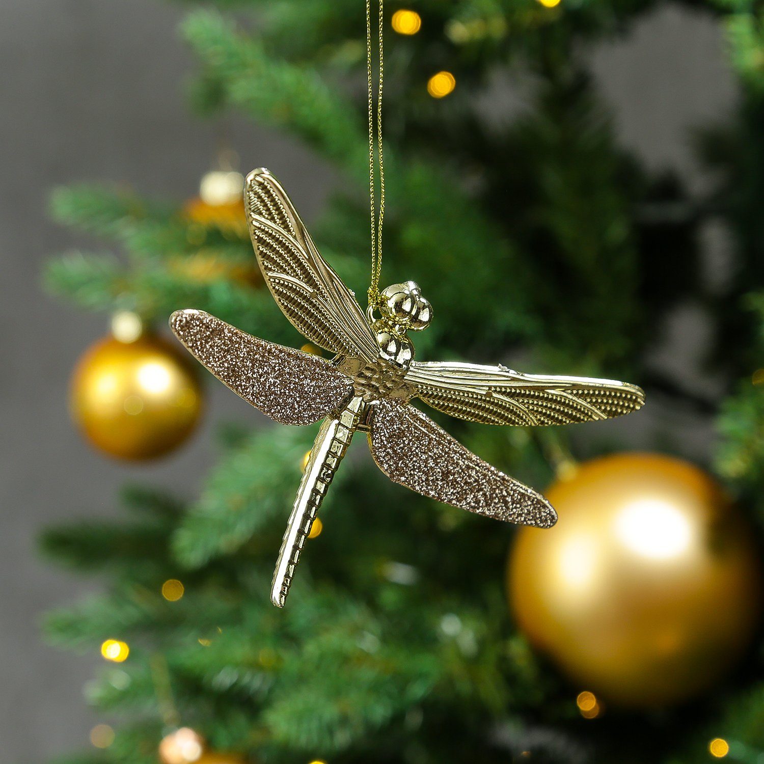 MARELIDA Christbaumschmuck Weihnachtsbaumschmuck Libelle mit Glitzer L: 14cm gold glänzend