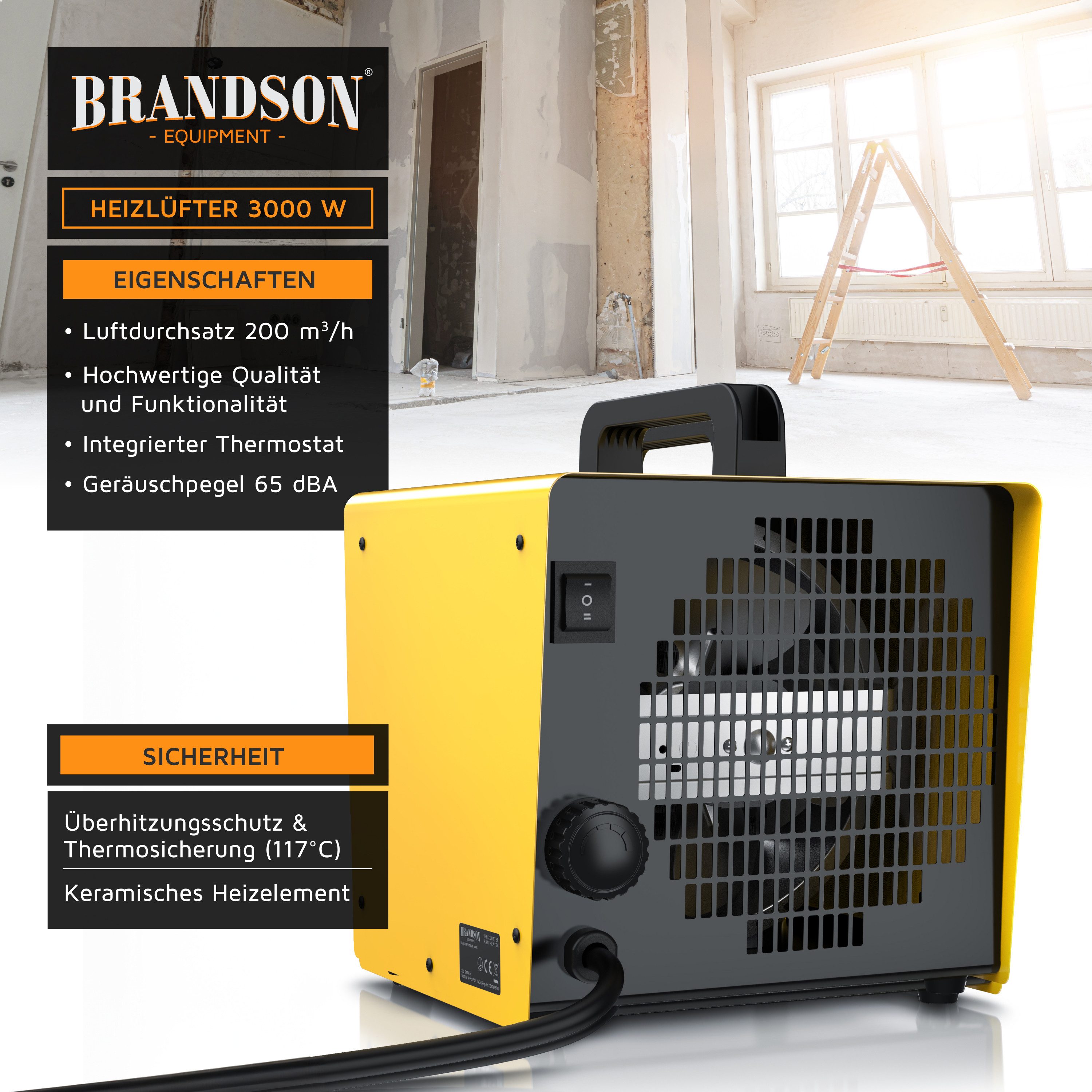 Brandson Keramikheizlüfter Bauheizer 3000 W, PTC Keramik, Thermostat, Lüftermodus, 3000 W, 2 Heizstufen, 200 m3/h, Tragegriff, IP20, 22x26x23 cm