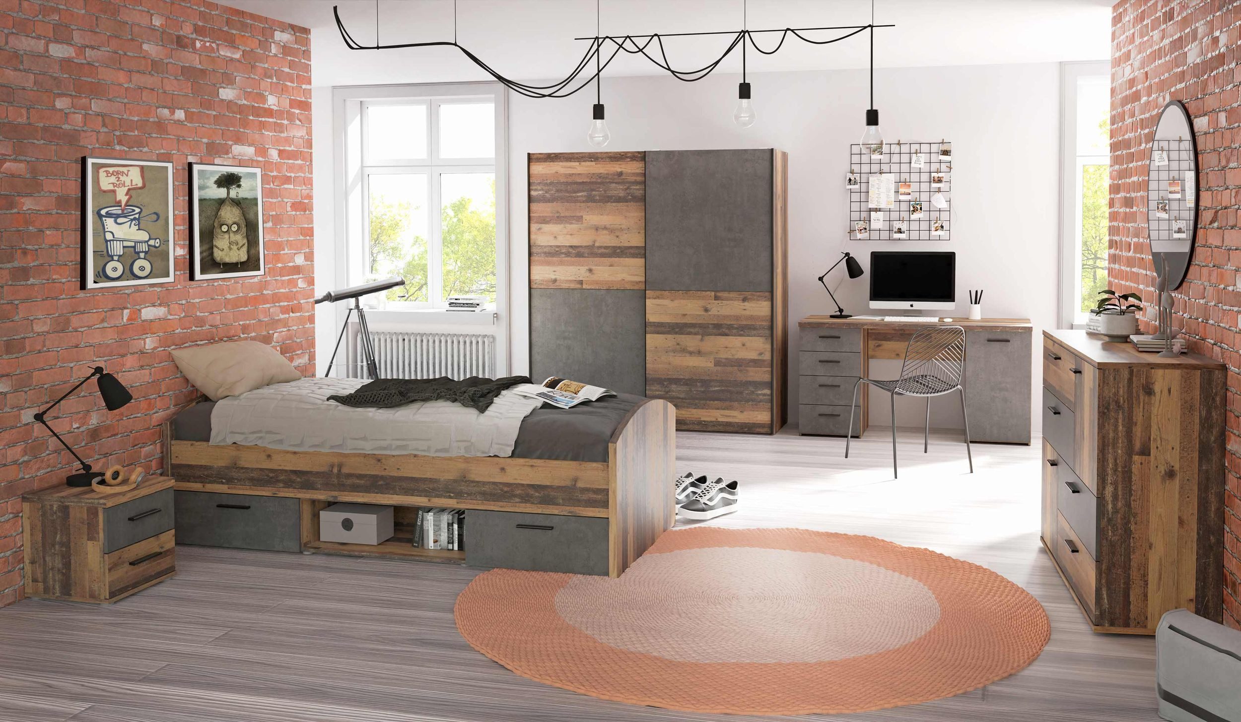 FORTE Komplettschlafzimmer Jugendzimmer Kinderzimmer WINNIE 5-tlg. Old Wood und Beton Optik, (Komplett-Set, 5-tlg., Nachtkommode, Jugendbett, Schreibtisch, Kleiderschrank und Sideboard)