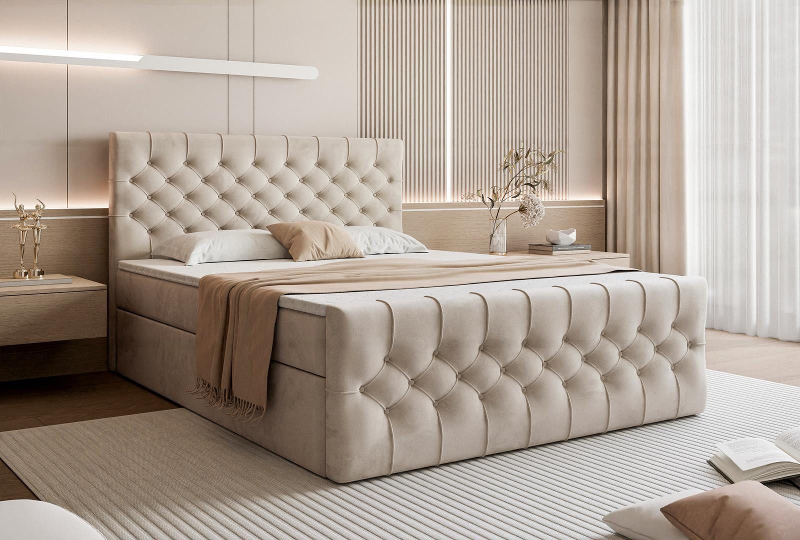 Compleo Boxbett mit Federkernmatratze und zwei Bettkästen, Topper als Option (von 120 bis 200x200 cm), Modernes Doppelbett aus edlem Velvet-Stoff