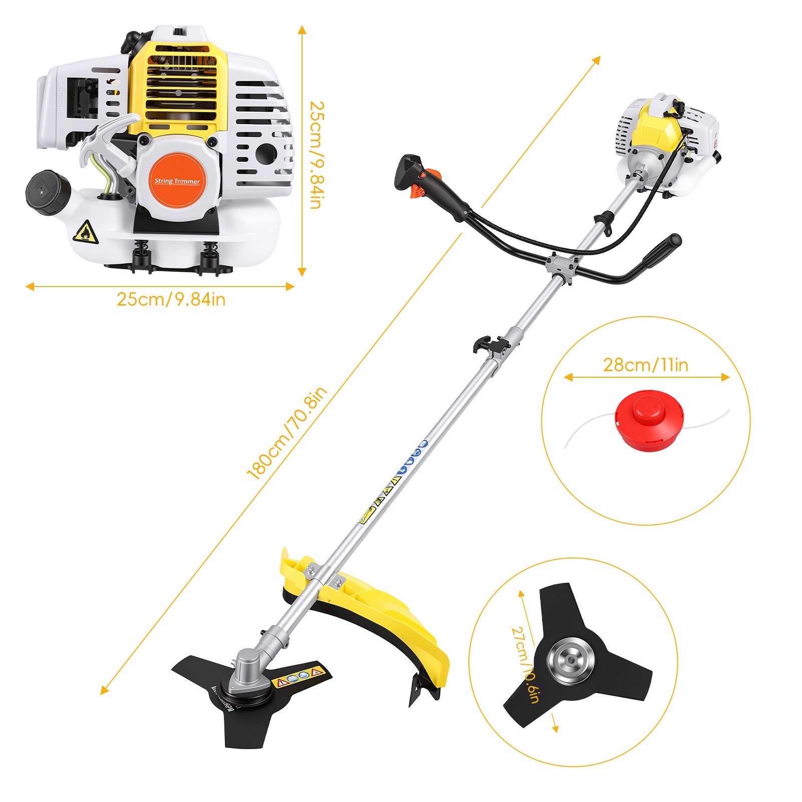 Rutaqian Benzin-Motorsense Benzin Freischneider 52cc 2Takt Motorsense 2 in 1 mit Messer Faden, 27cm cm Arbeitsbreite Messer, 1,2L Tank, Schultergurt & vibrationsarmes Design