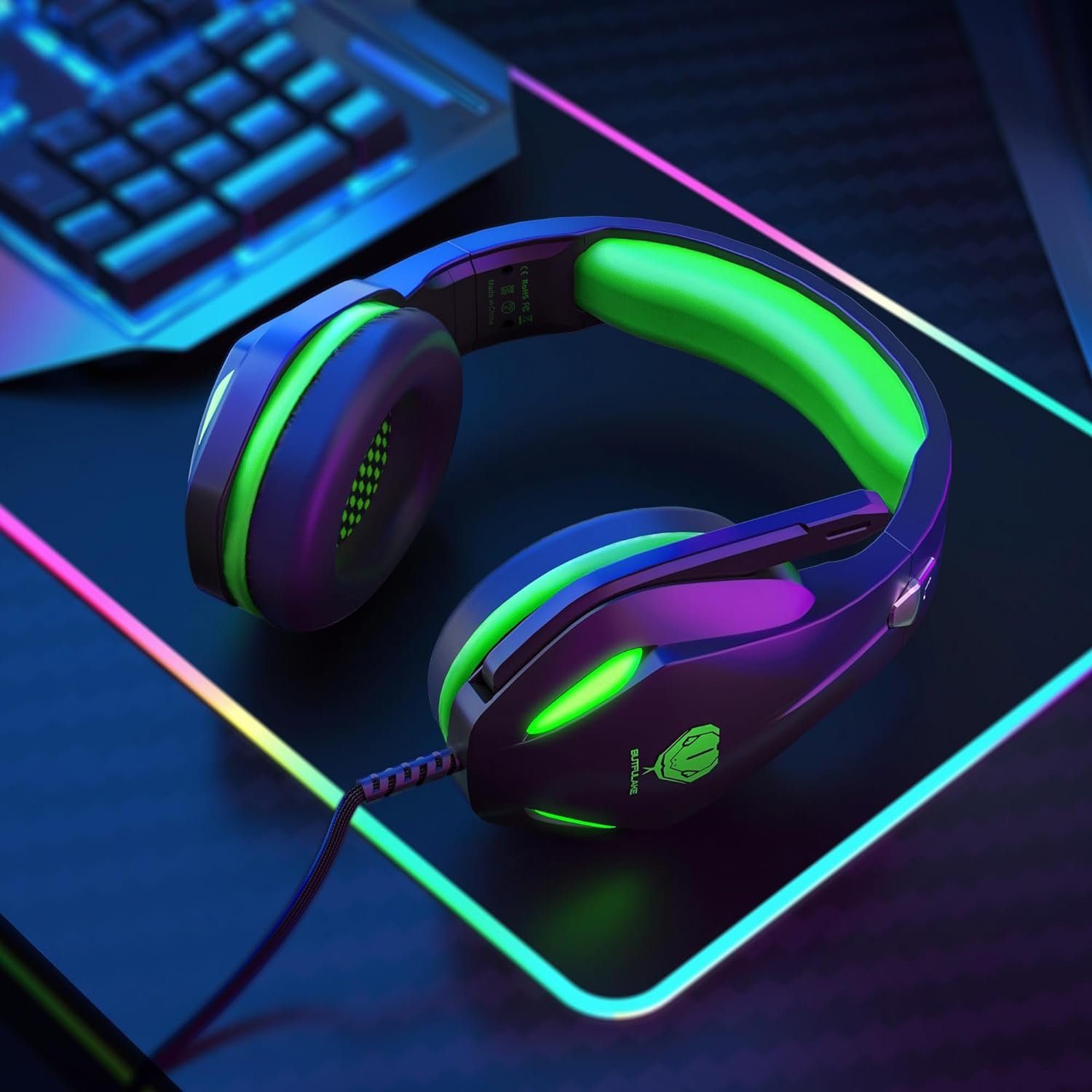 (Over-Ear-Gaming-Headset mit Stynice – Gaming-Headset Headset und 3,5-mm-Klinken-Surround-Sound- GH-2 Licht Mikrofon Gaming-Kopfhörer) LED Geräuschunterdrückung,