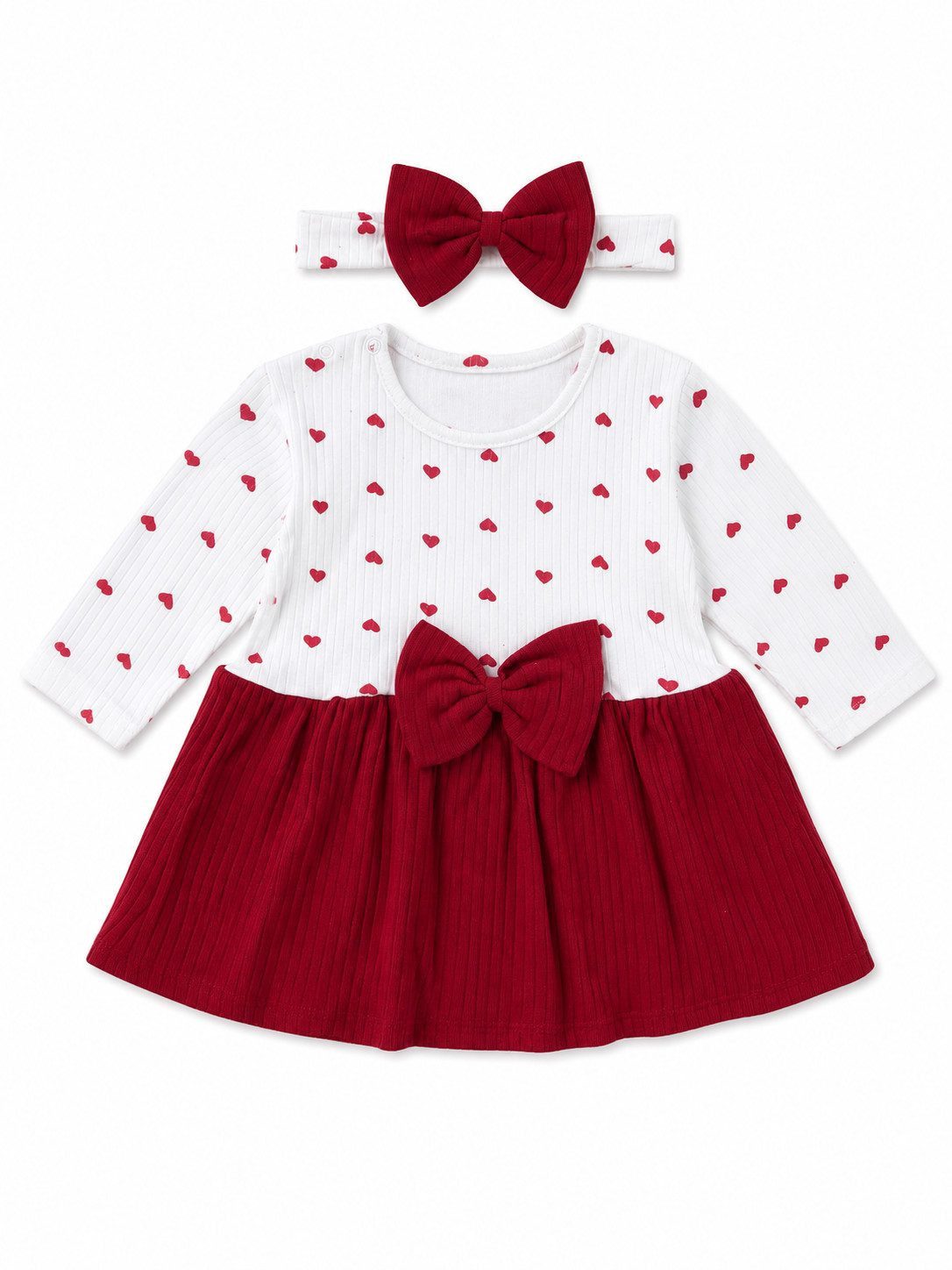 Lorey Medtec Kleid & Haarband Baby Mädchen Kleid, Stirnband, Rot/Weiß mit Herzmuster, 100% Baumwolle (Kleid + Stirnband)