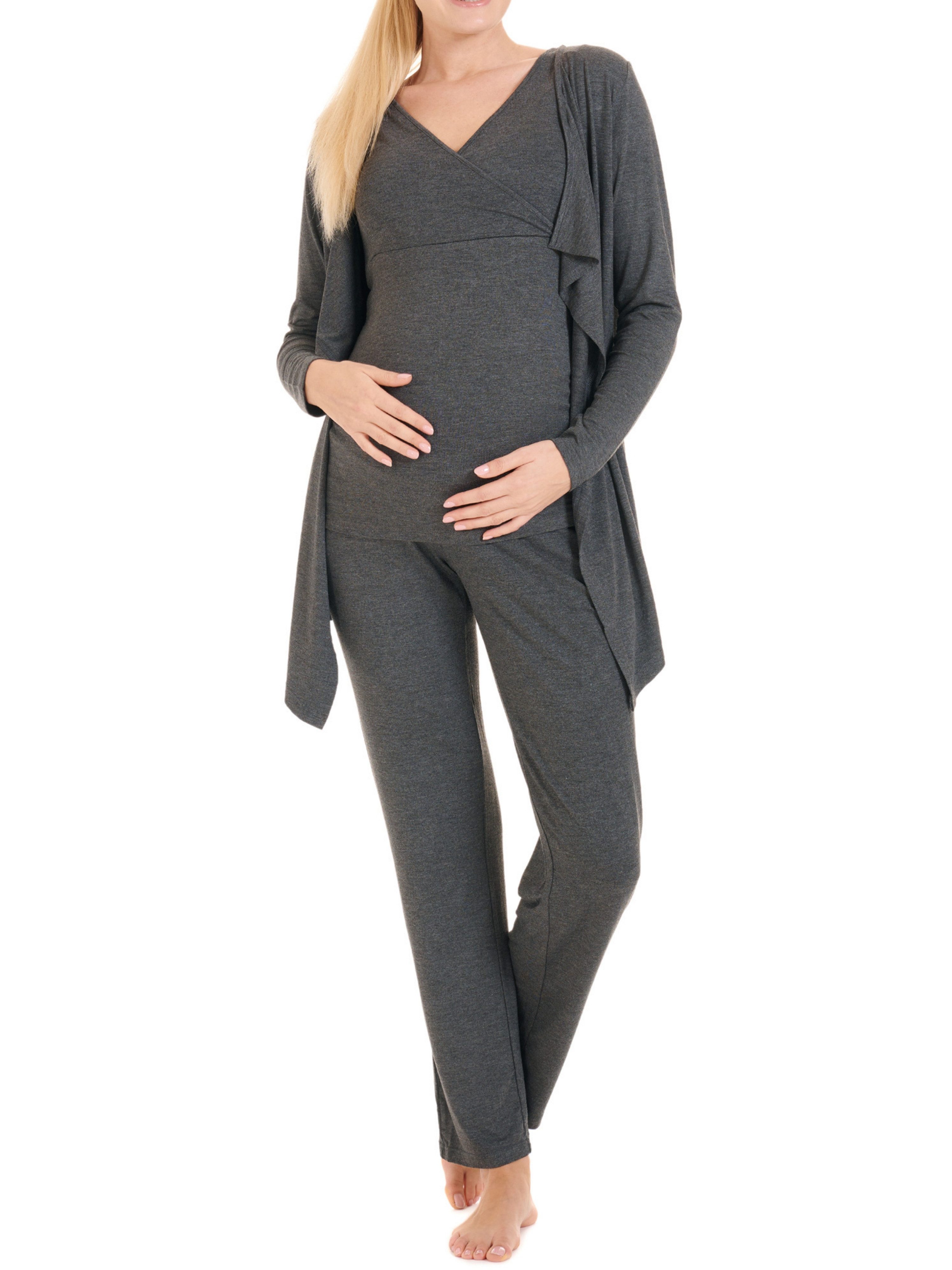 Herzmutter Umstandspyjama Stillpyjama-Set - Schwangerschafts-Wochenbett-Set (Set, 3 tlg., Hose-Top-Cardigan) Homewear