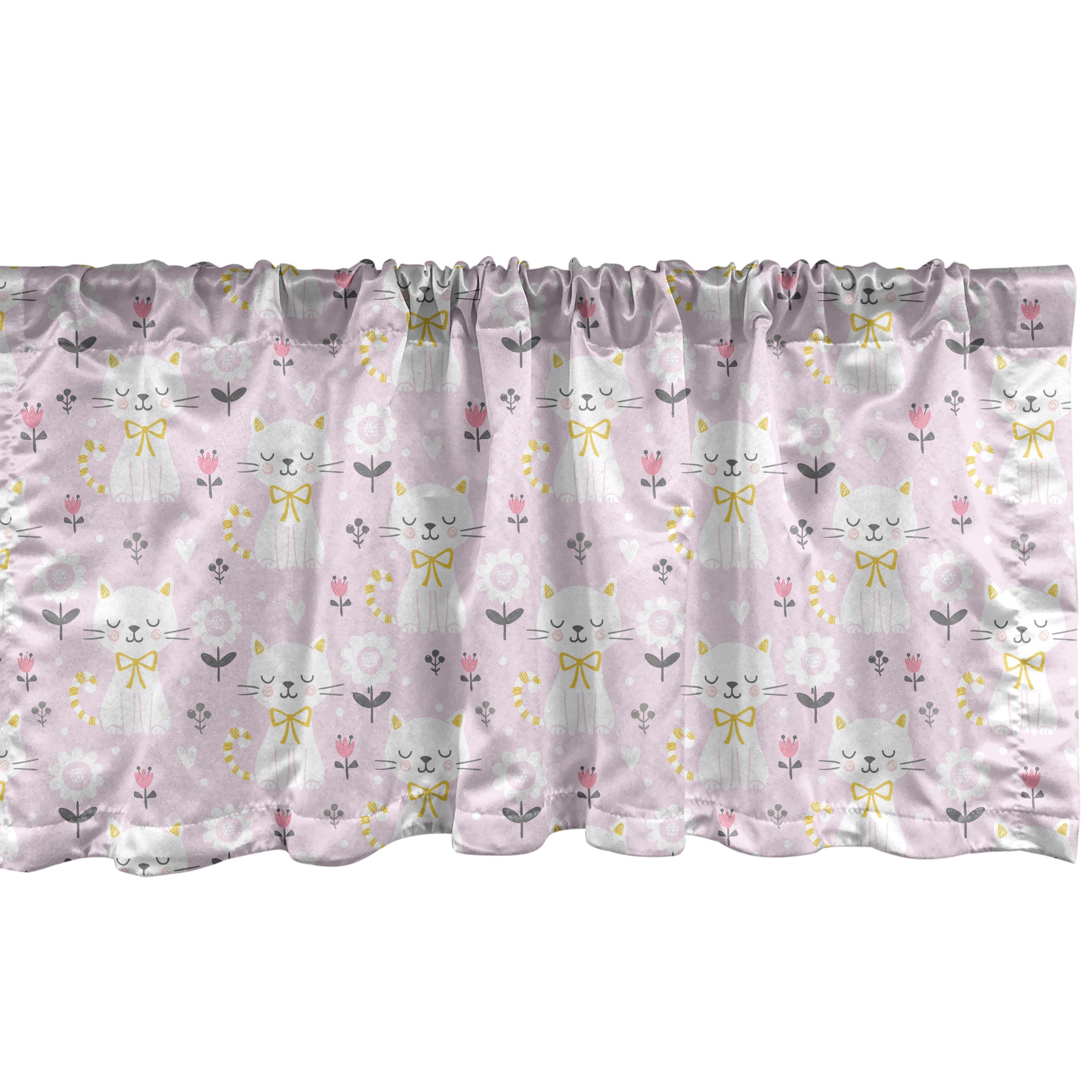 Scheibengardine Vorhang Volant für Küche Schlafzimmer Dekor mit Stangentasche, Abakuhaus, Microfaser, Kätzchen Katzen mit Band und Blumen