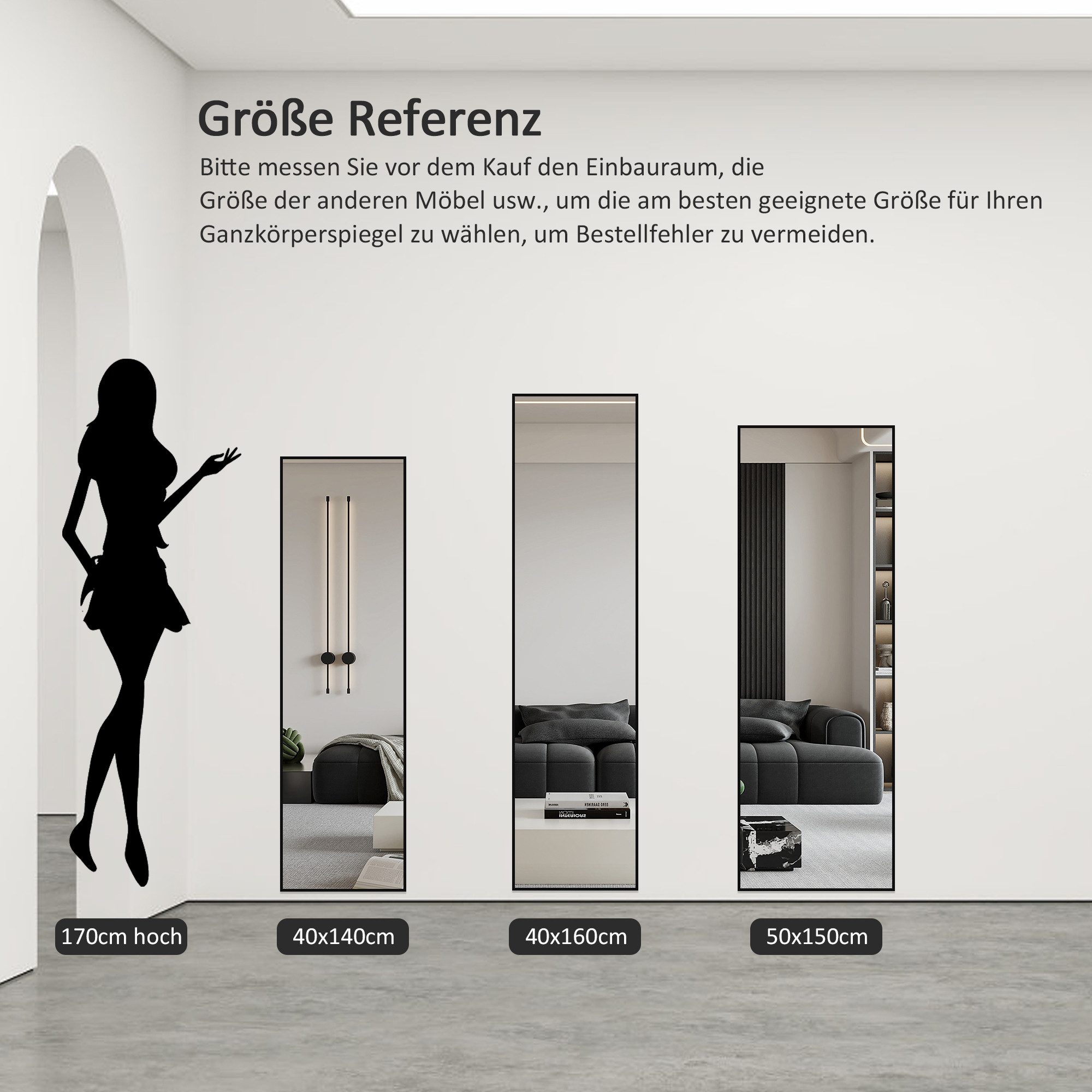 Boromal Spiegel Flur Ganzkörper 150x50 160x40 140x40 Flurspiegel schwarz (Wandspiegel Groß HD Bodenspiegel, mit Alu Metall Rahmen), explosionsgeschützt, 4 Installationsmethoden