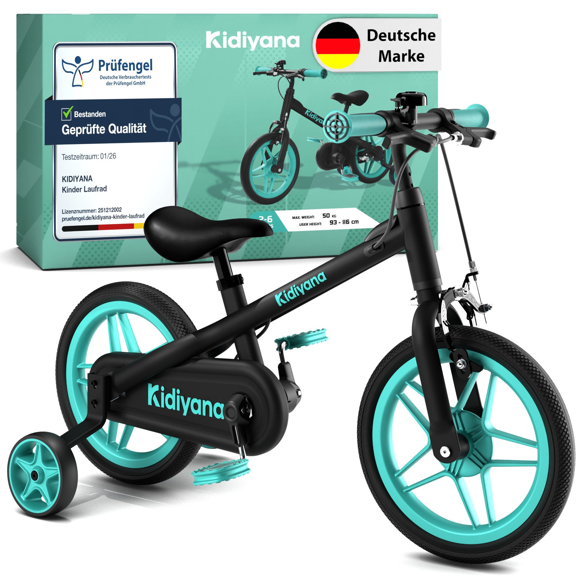 Kidiyana Kinderfahrrad 3-in-1 Laufrad 12 Zoll ab 2 Jahren - Grün, mit abnehmbaren Pedalen und Stützrädern