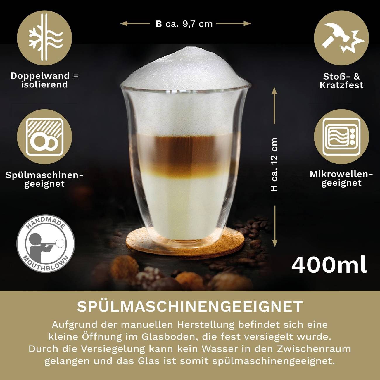 Creano Teeglas Thermoglas “DG-V” 2er-Set 400ml, 2-tlg., Borosilikatglas, 2 Gläser