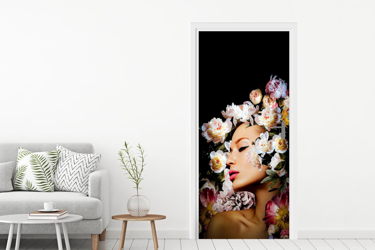 St), - Fototapete MuchoWow Rosen Türaufkleber, Frauen Tür, - Matt, Porträt, 75x205 cm - für Blumen (1 bedruckt, Türtapete