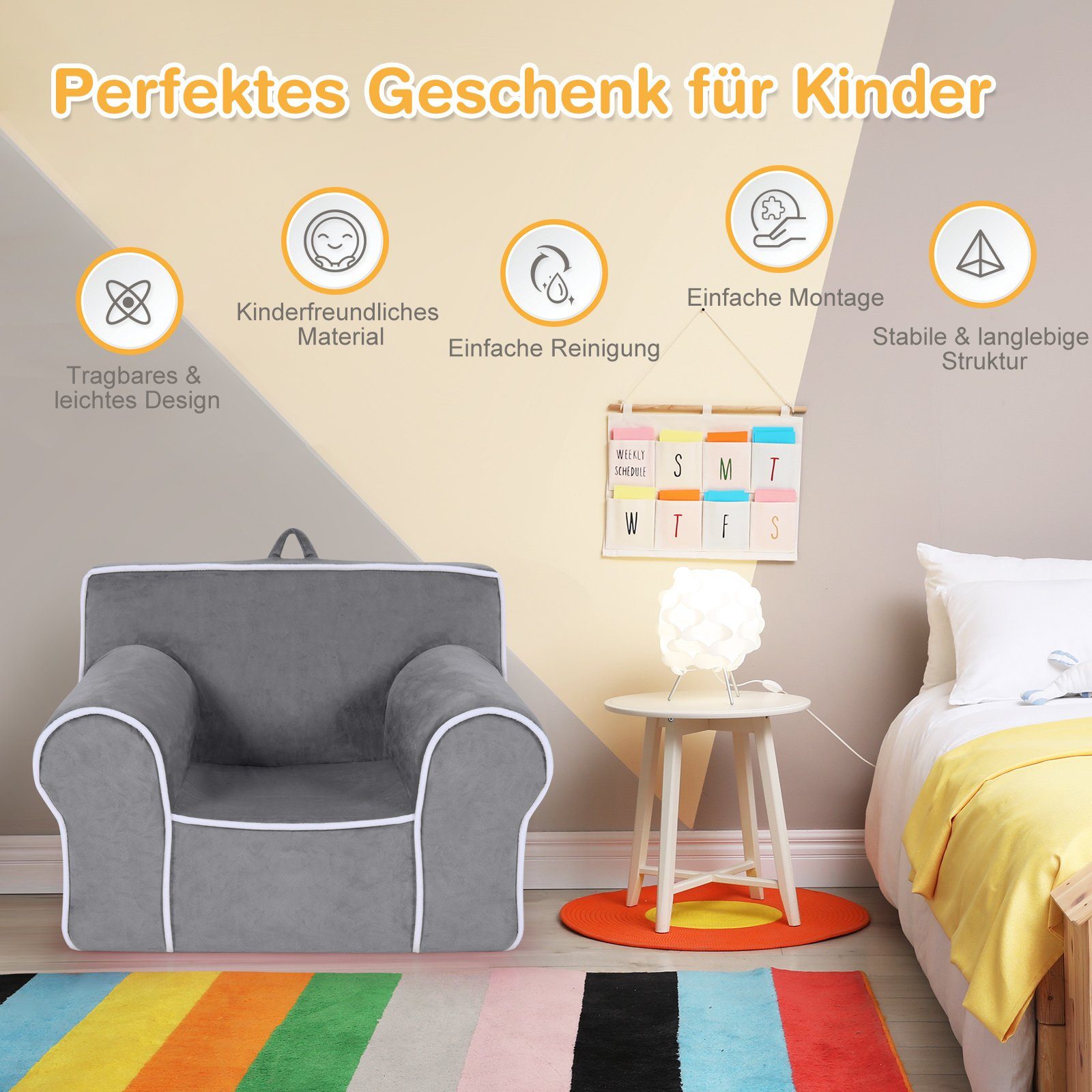 COSTWAY Kindersofa, gepolstert, mit Grau 68x46x50cm Armlehne&Handgriff