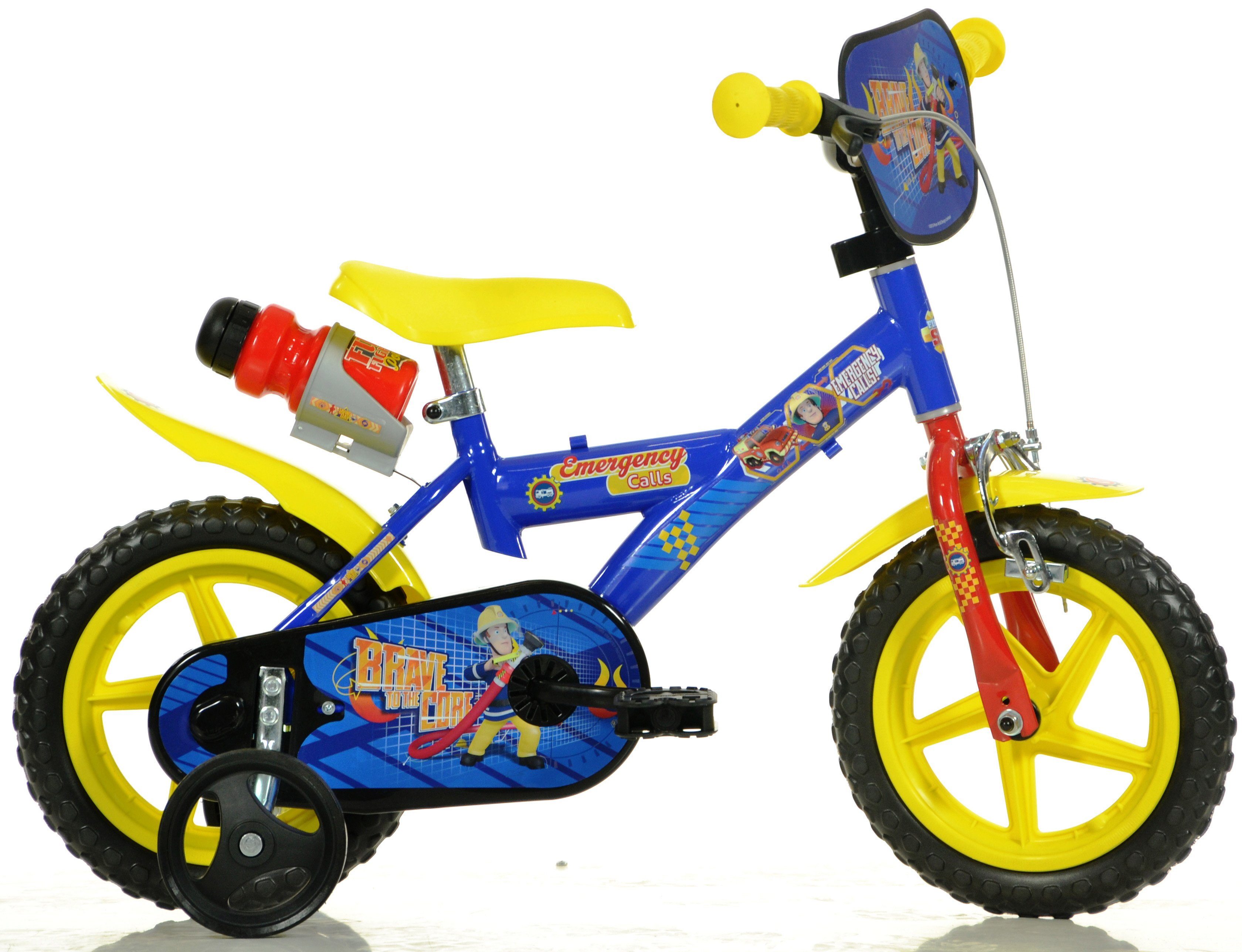 Dino Bikes Kinderfahrrad 12" Feuerwehrmann Sam stabiler Stahl-Rahmen, Stützräder, kindgerecht, 1 Gang, mit Stützrädern, Trinkflasche und Frontschild
