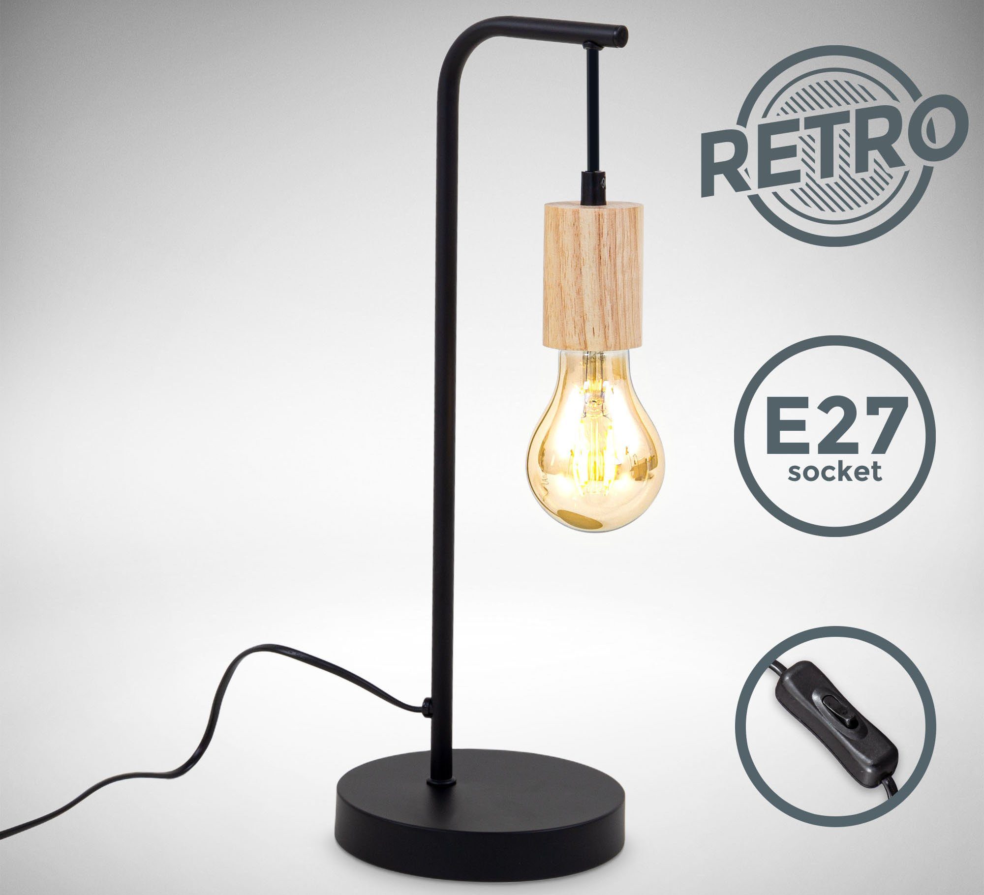 Ohne Schwarz-Holz, ohne BK_TL1375 Kabel B.K.Licht mit E27, Schreibtischlampe, Retro Tischlampe, Schalter, Metall, Leuchtmittel Leuchtmittel, Schwarz, Tischleuchte