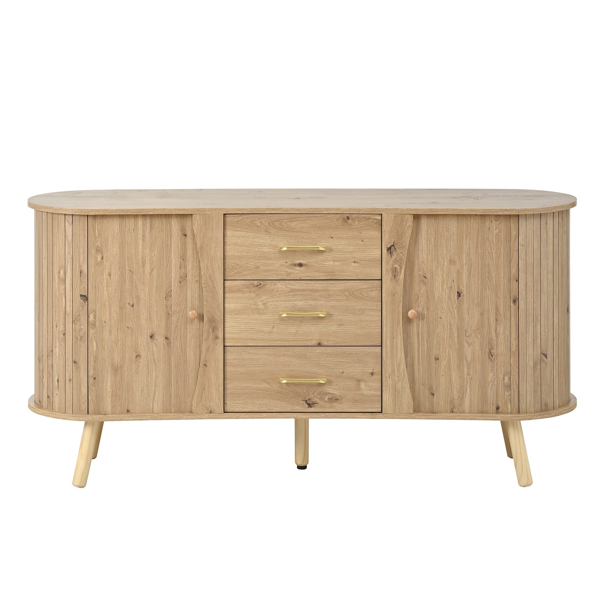 KLAM HOME Sideboard Sideboard mit Rillenoptik, 2 Schiebetüren & 3 Schubladen (Modernes Sideboard skandinavischer Stil mit Massivholzbeinen), Wohnzimmer Sideboard 150cm MDF mit höhenverstellbaren Fächern