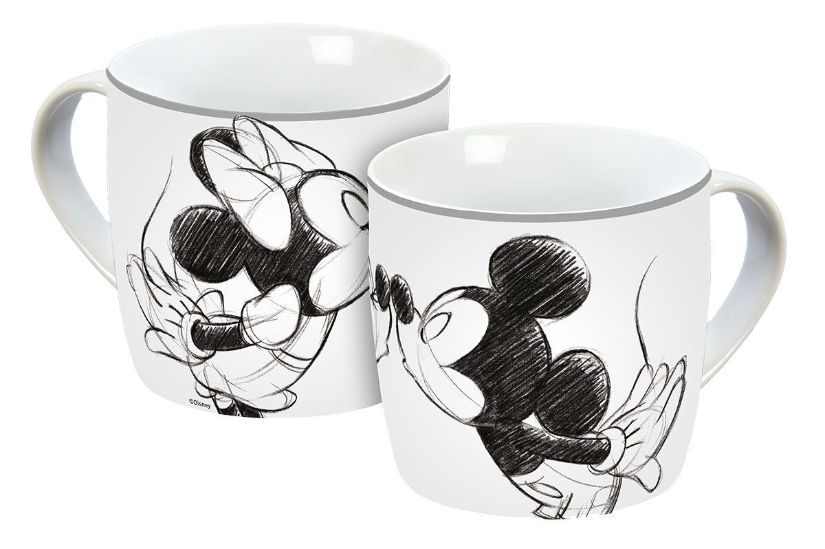 Geda Labels GmbH Tasse Mickey Kiss Sketch silbergrau, Porzellan, Grau, 300 ml, spülmaschinengeeignet