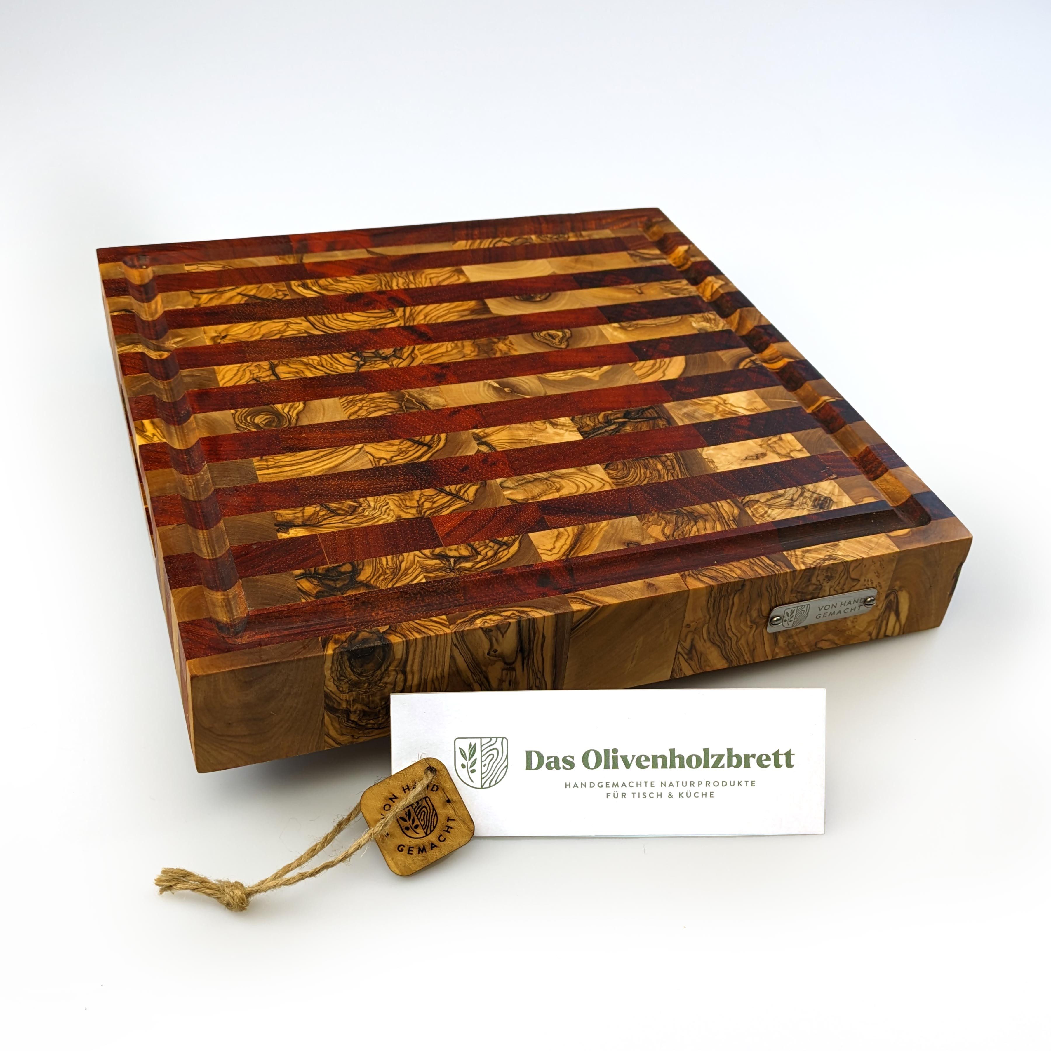 dasOlivenholzbrett Schneidebrett Massives Olivenholz Stirnholz Schneidebrett mit Saftrille zweifarbig