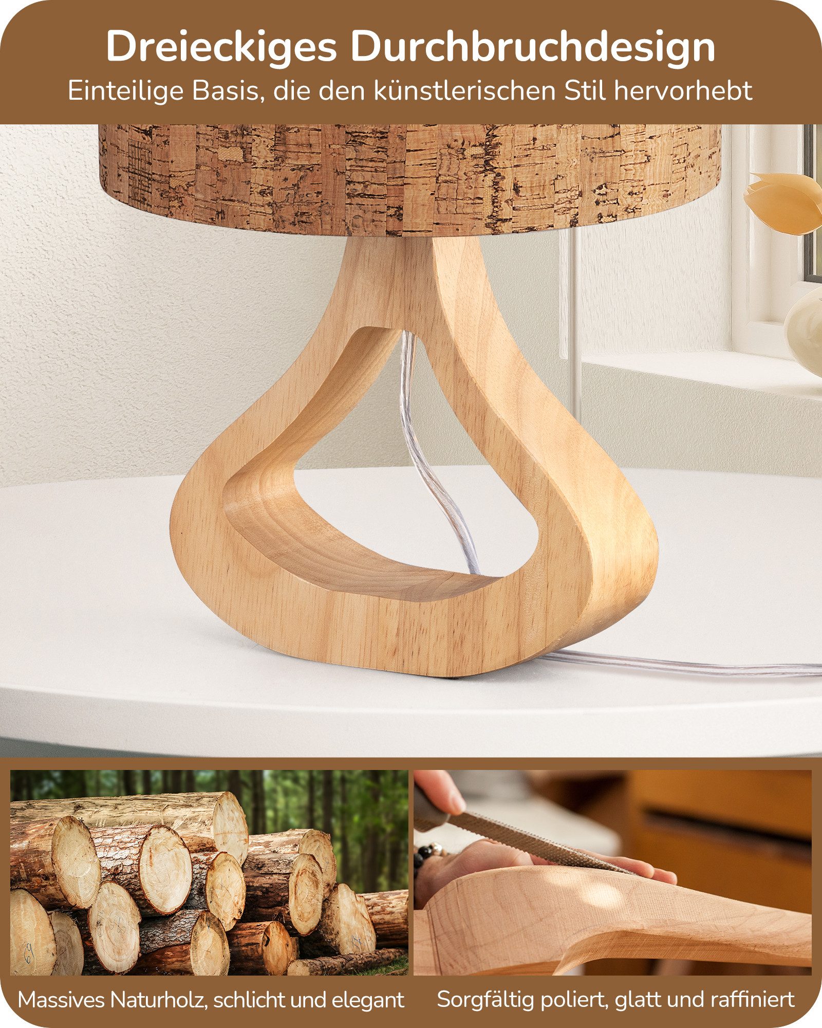 EDISHINE Nachttischlampe Höch 34cm Holz, Holzdeko, LED wechselbar, warmweiß, Lampe mit Ein-/Ausschalter, E27 Fassung mit 2700K LED-Glühbirne