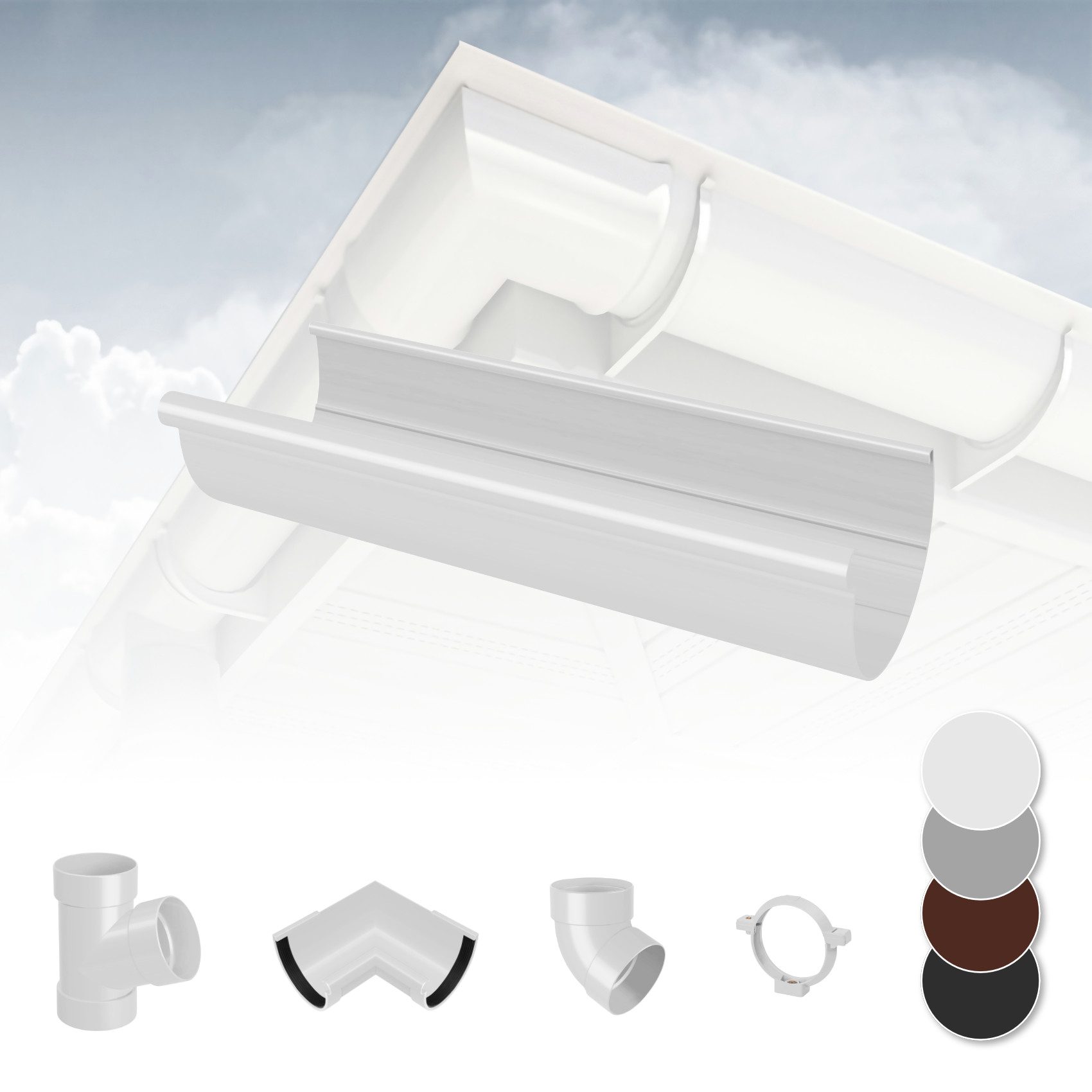 RainWay Dachrinne, Regenrinnen System (Dachrinne) - PVC-U Kunststoff in 4 Farben, für Dachflächen > 100m² empfohlen, Dachrinnen halbrund PVC Plastik