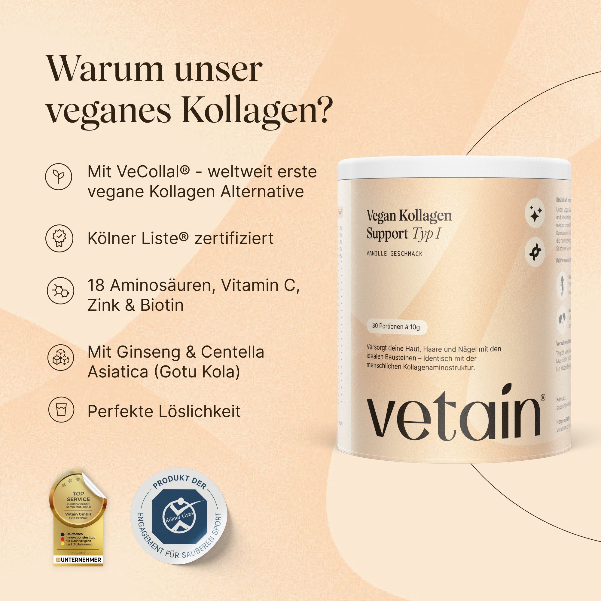 VETAIN Vegan Kollagen Pulver - Mit VeCollal, Ginseng & Gotu Kola - Pulver, 300 g