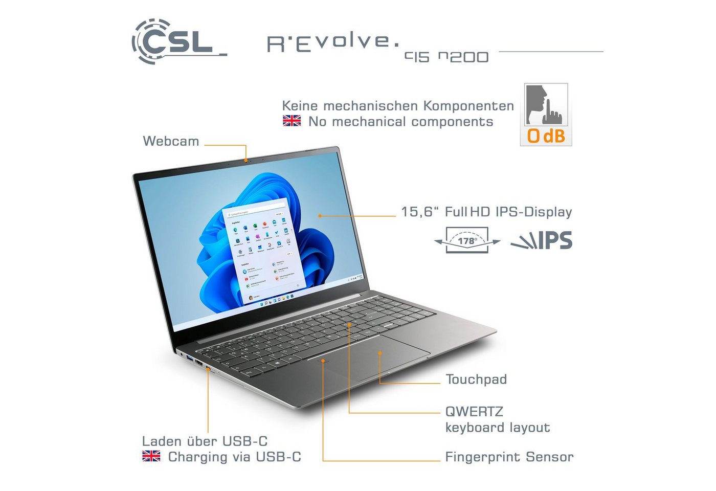 CSL R'Evolve C15 v3 Notebook (39,6 cm/15,6 Zoll, Intel N-Reihe N200, UHD Graphics, 8 GB, 1000 GB SSD) silberfarben