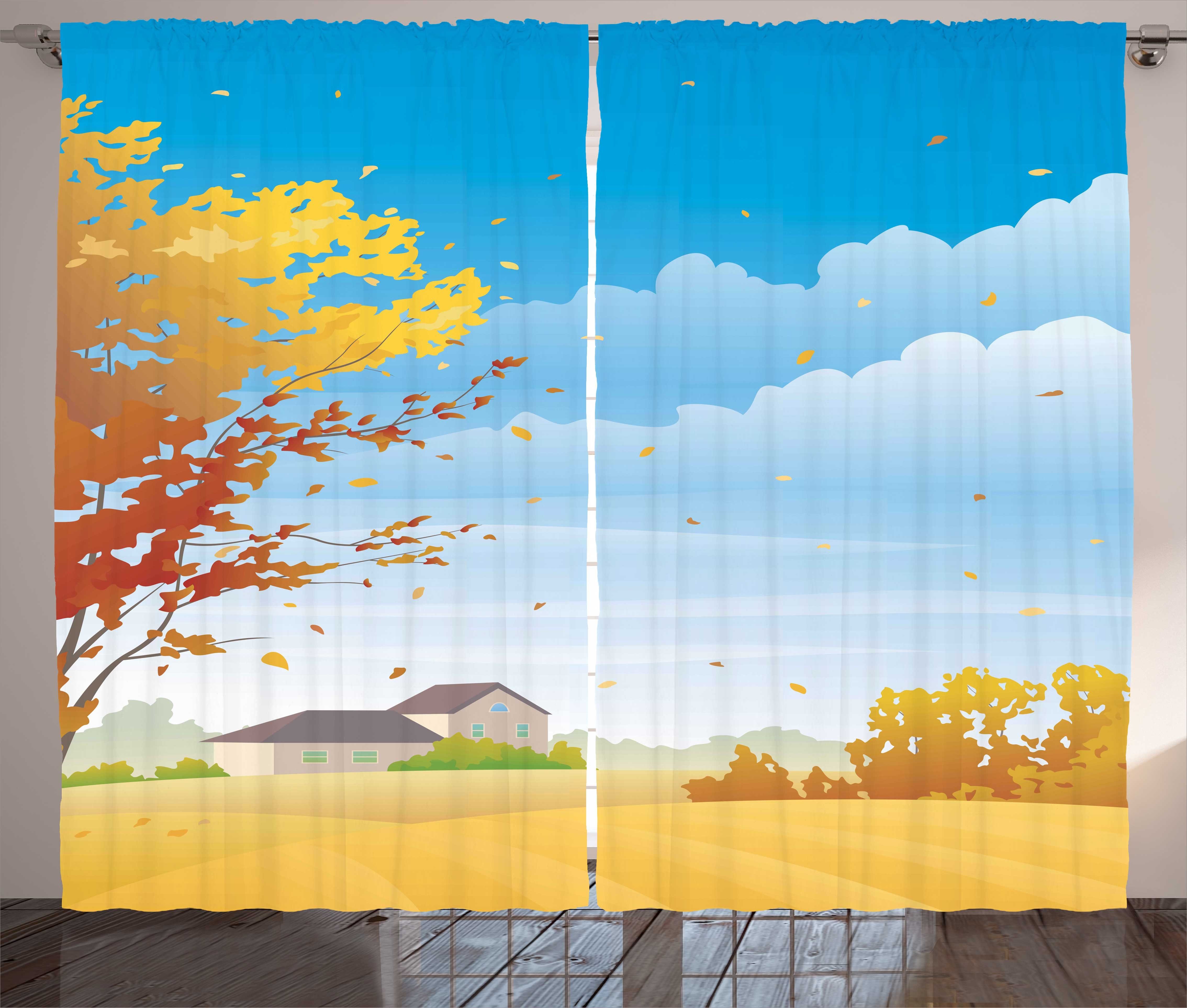 Gardine Schlafzimmer Kräuselband Vorhang mit Bauernhof Schlaufen Abakuhaus, Baum Felder Herbst und Fallen Haken