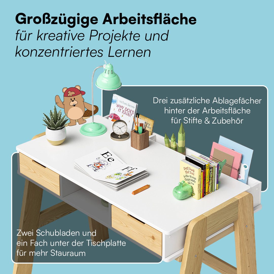 Bellabino Kinderschreibtisch Campo, höhenverstellbar 56-75 cm (mit Schubladen, 1 Ablagefach und 3 Aufbewahrungsfächer), weiß/natur