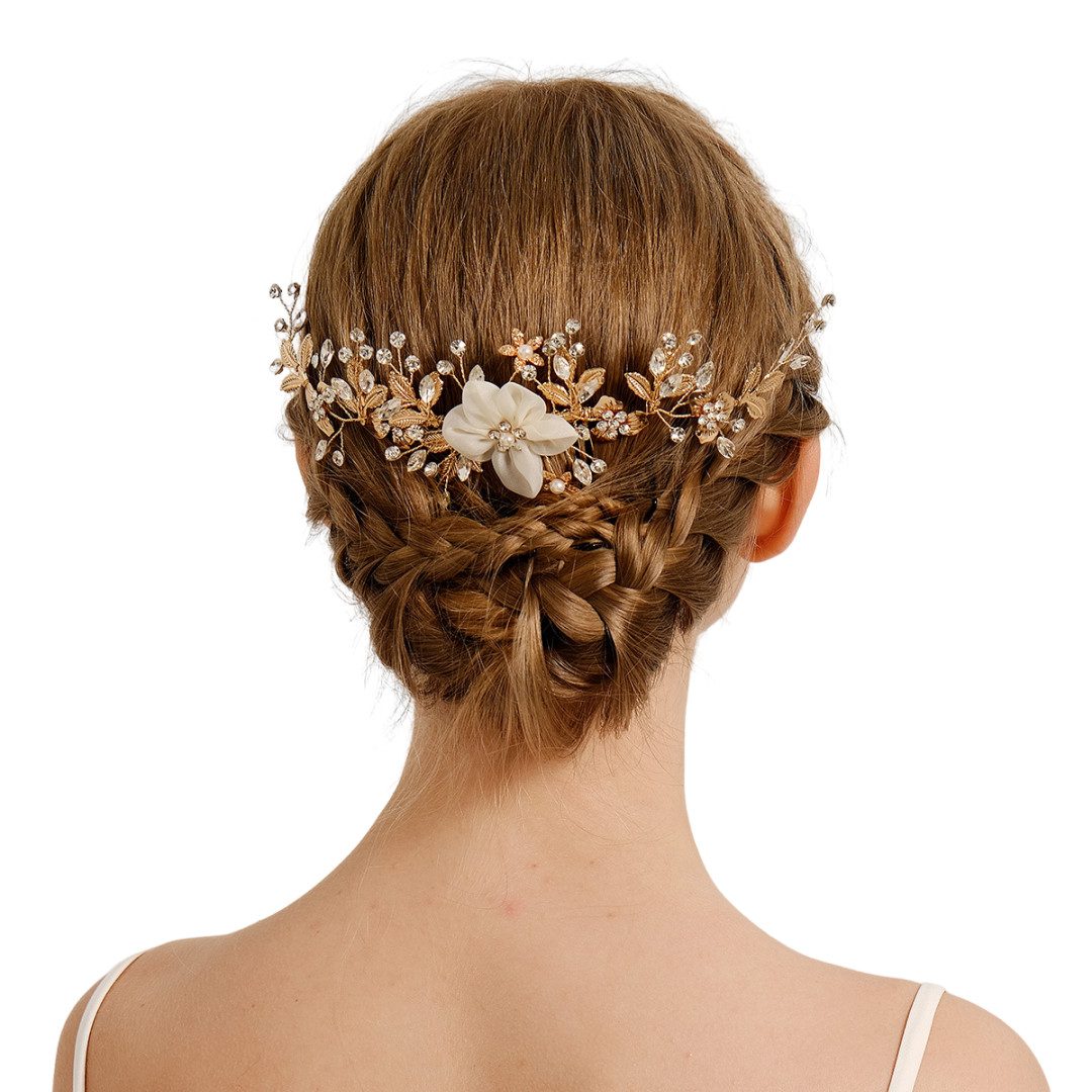 The Beauty House Diadem Brauthaarschmuck Haarkamm Hochzeit Brautschmuck Brauthaarkamm, aus Metall mit Perlen und Blumen