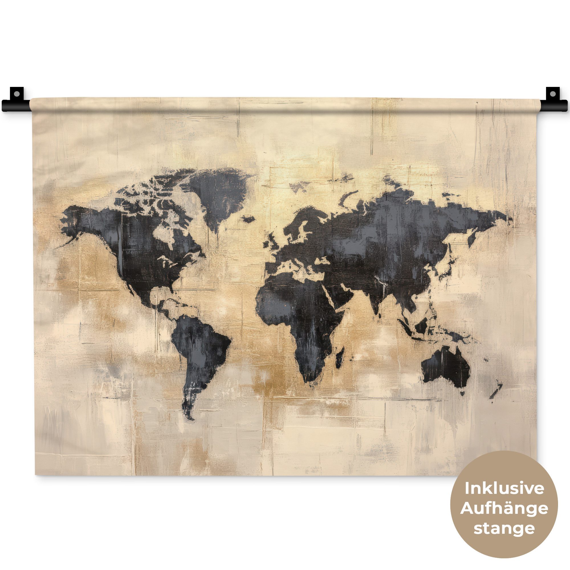 MuchoWow Wandteppich Weltkarte - Gold - Schwarz - Abstrakt, Rechteckig, Höhe: 3 mm, Wanddeko Teppich Wohnzimmer, Schlafzimmer, 60x45 cm